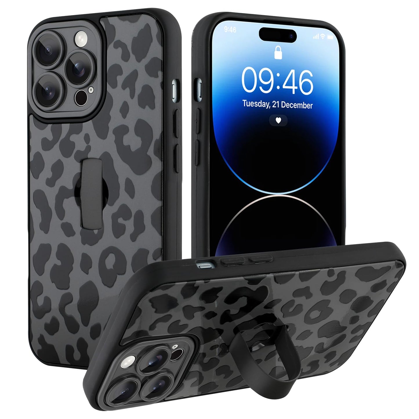 Compatible with iPhone 13 Case, Cute Cheetah Leopard Pattern | Built in Adjustable Wrist Strap Grip Hand Holder Stand Shockproof Kickstand Cover for Women Girls (Black White) WN420