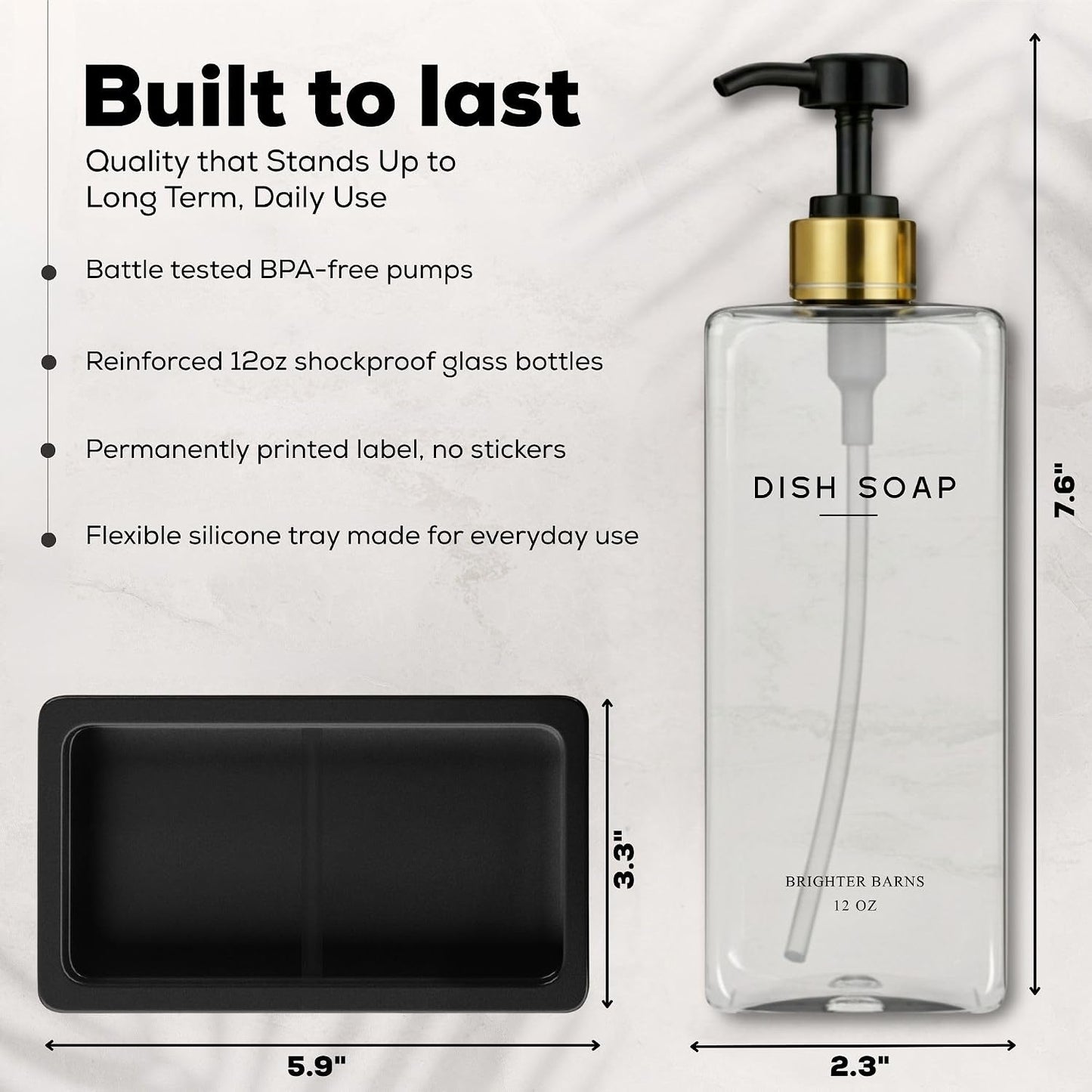 Glass Hand and Dish Soap Dispenser Set by Brighter Barns - Kitchen Soap Dispenser Set with Tray & Pump - Refillable Glass Bottles for Sink - Neutral Kitchen Accessories for Airbnb, Restaurants (Clear) BST326H
