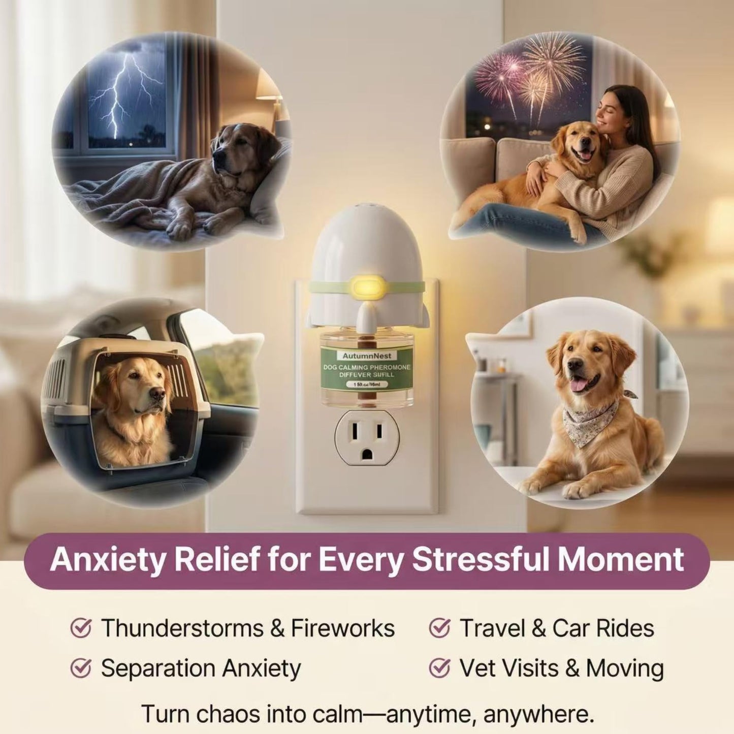 8-in-1 Dog Calming Pheromone Diffuser Kit – Pet Stress Support (2 Plug-Ins & 6x48ml Refills), Calming Diffuser for Dog During Thunderstorms, Travel, Separation, Fireworks & Vet Visits, 180-Day Supply WN420