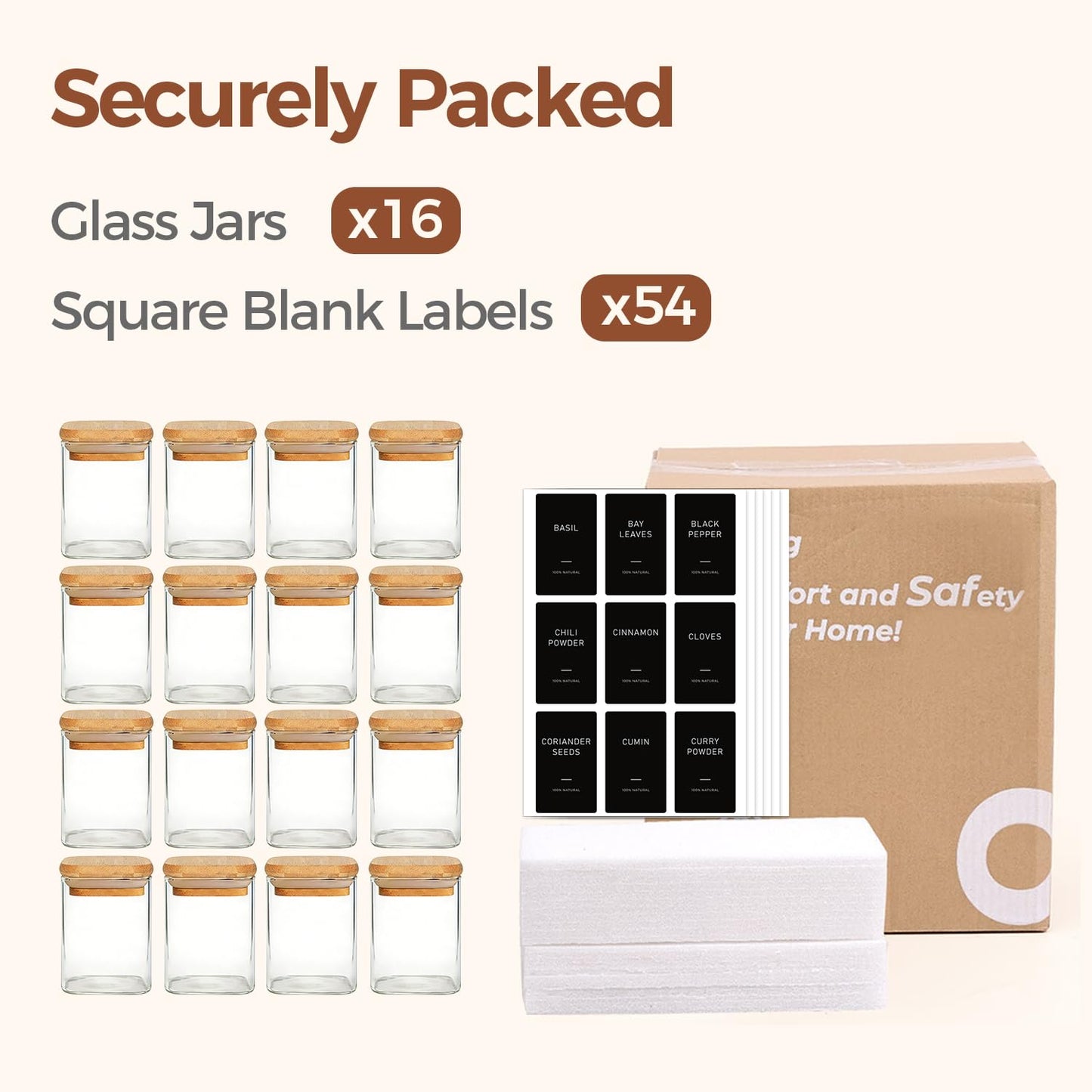 ComSaf 0.6 Qt Glass Food Storage Jars Set of 6, Clear Storage Containers with Airtight Lids, Pantry Organization Jar, Spice Jar, Blooming Tea, Coffee and Sugar Container, Canister Set for Kitchen BST220