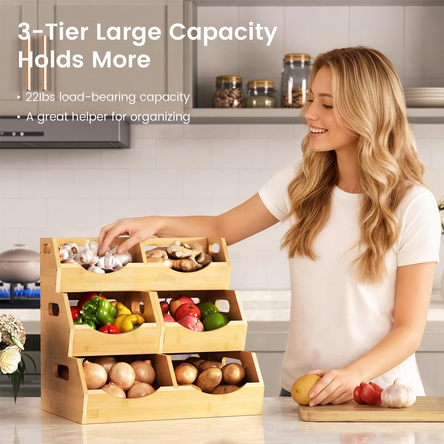 Onion Storage Bins Potato, 3 Tier Bamboo Pantry Storage Bin Stackable Ventilated Kitchen Organizer N3233