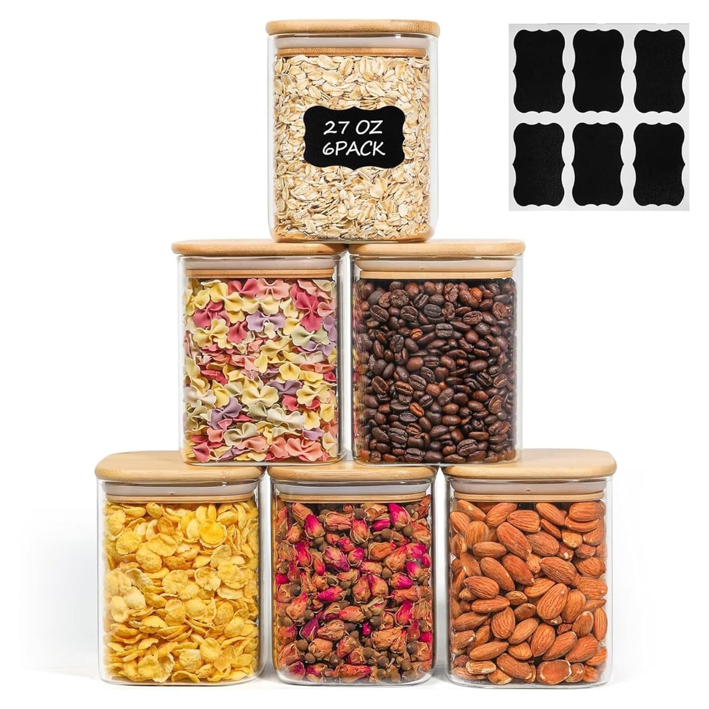 ComSaf 0.6 Qt Glass Food Storage Jars Set of 6, Clear Storage Containers with Airtight Lids, Pantry Organization Jar, Spice Jar, Blooming Tea, Coffee and Sugar Container, Canister Set for Kitchen BST220