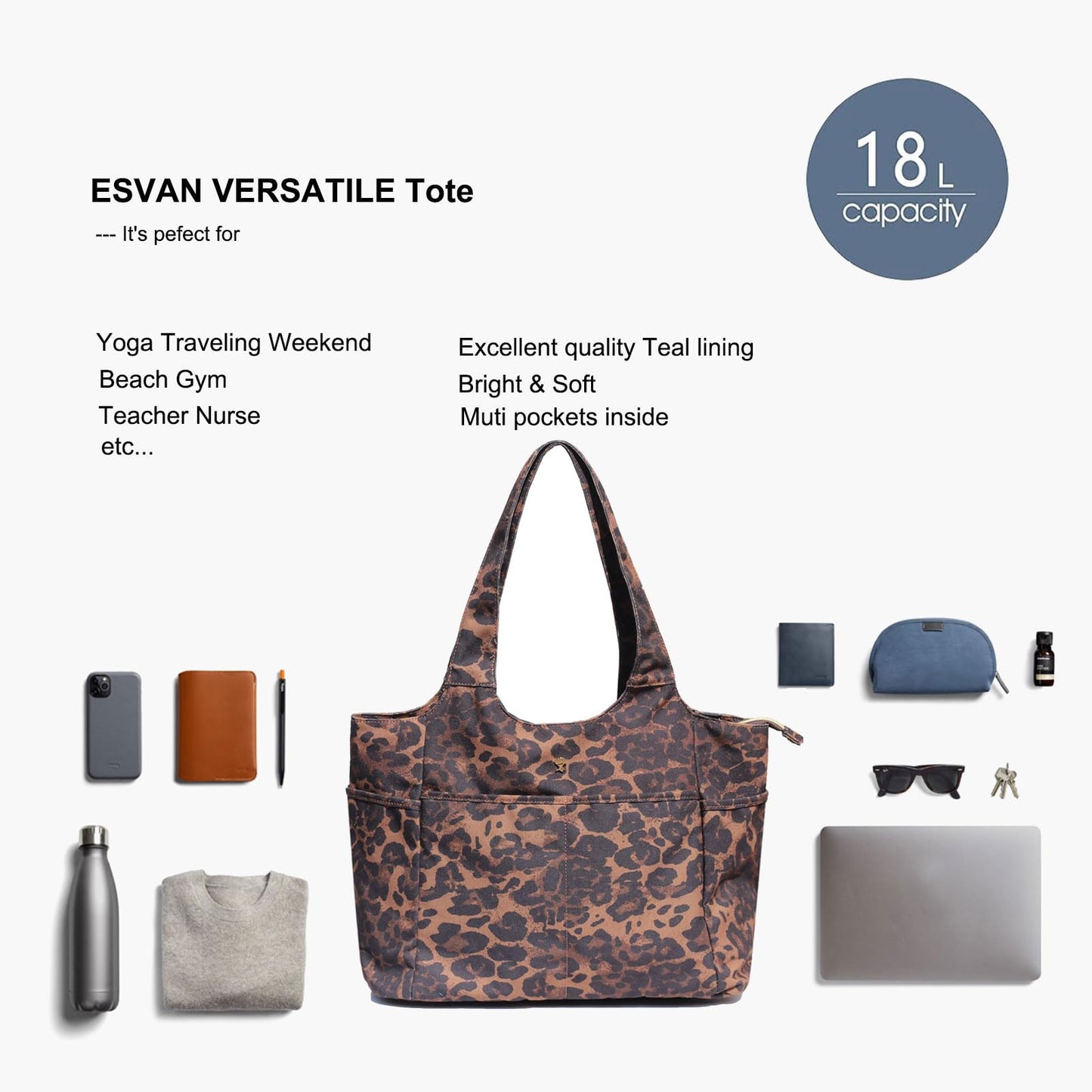 ESVAN Yoga Tote Bag Mat bag Women Shoulder Bags Carryall Tote for Travel Office Workout Gym Nurse Beach BST326H