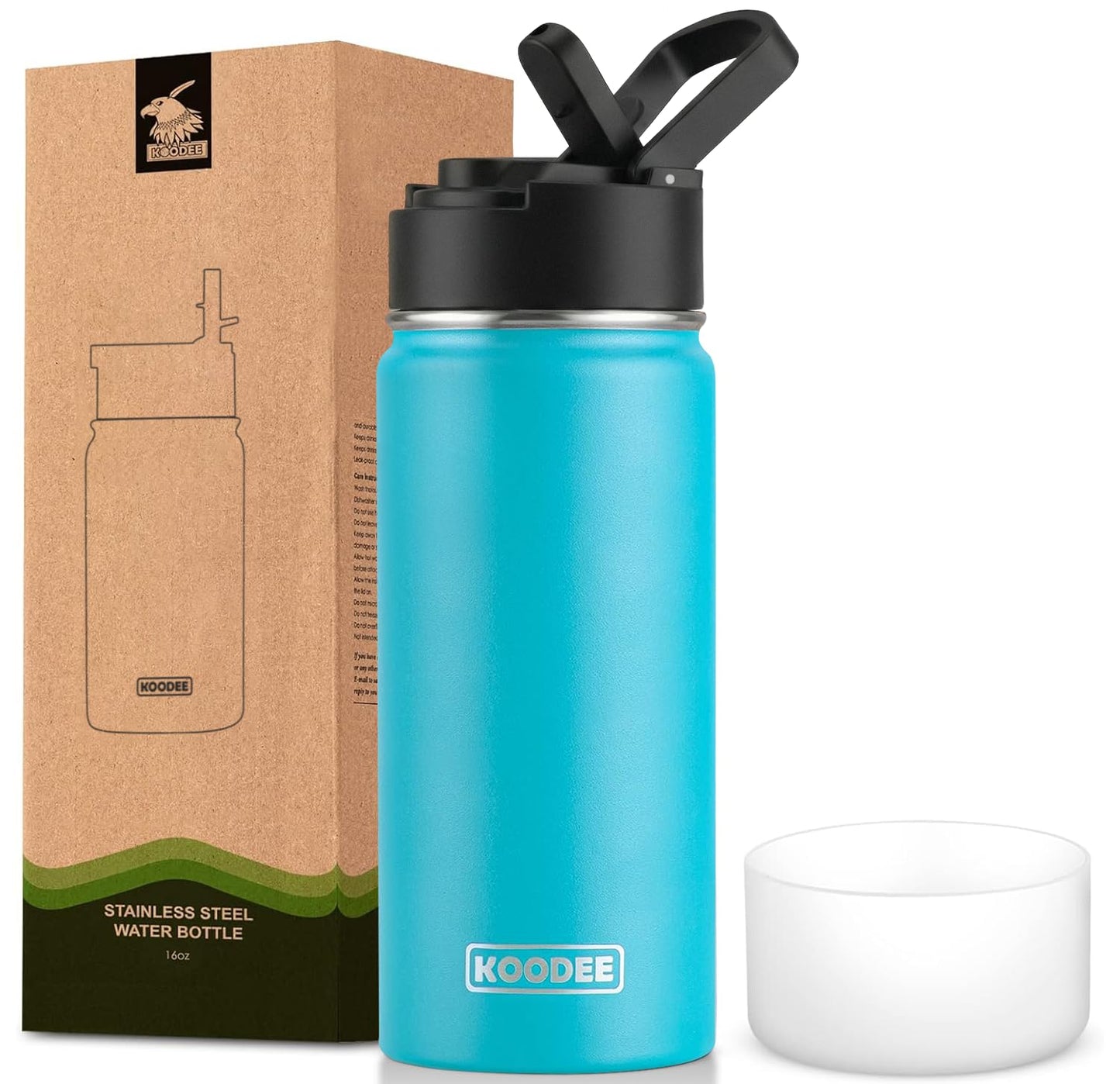koodee Water Bottle-12 oz Stainless Steel Double Wall Vacuum Insulated Water Bottle for School-Wide Mouth Flask with Straw Lid (Teal) BST220