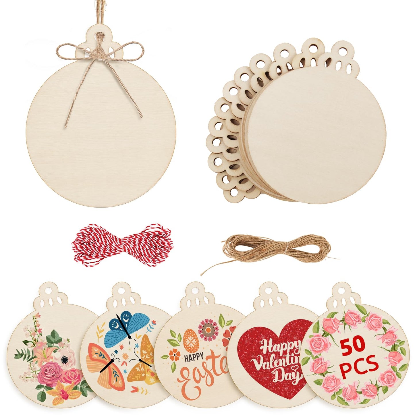 Philorn 50pcs Wooden Ornaments for Crafts 3.5" Unfinished DIY Wooden Ornaments, Predrilled Wood Slices Circles for Crafts Paint Holiday Hanging Decorations