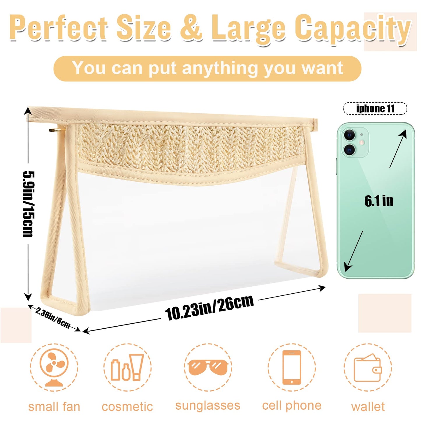 Boho Clear Makeup Bag Cosmetic Zipper Pouch Purse, Clear Toiletry Bags Travel Small Preppy Cute DIY Chenille Letter Bag, Transparent PVC Waterproof Clutch Make Up Organizer Storage Bag for Women Girls BST220