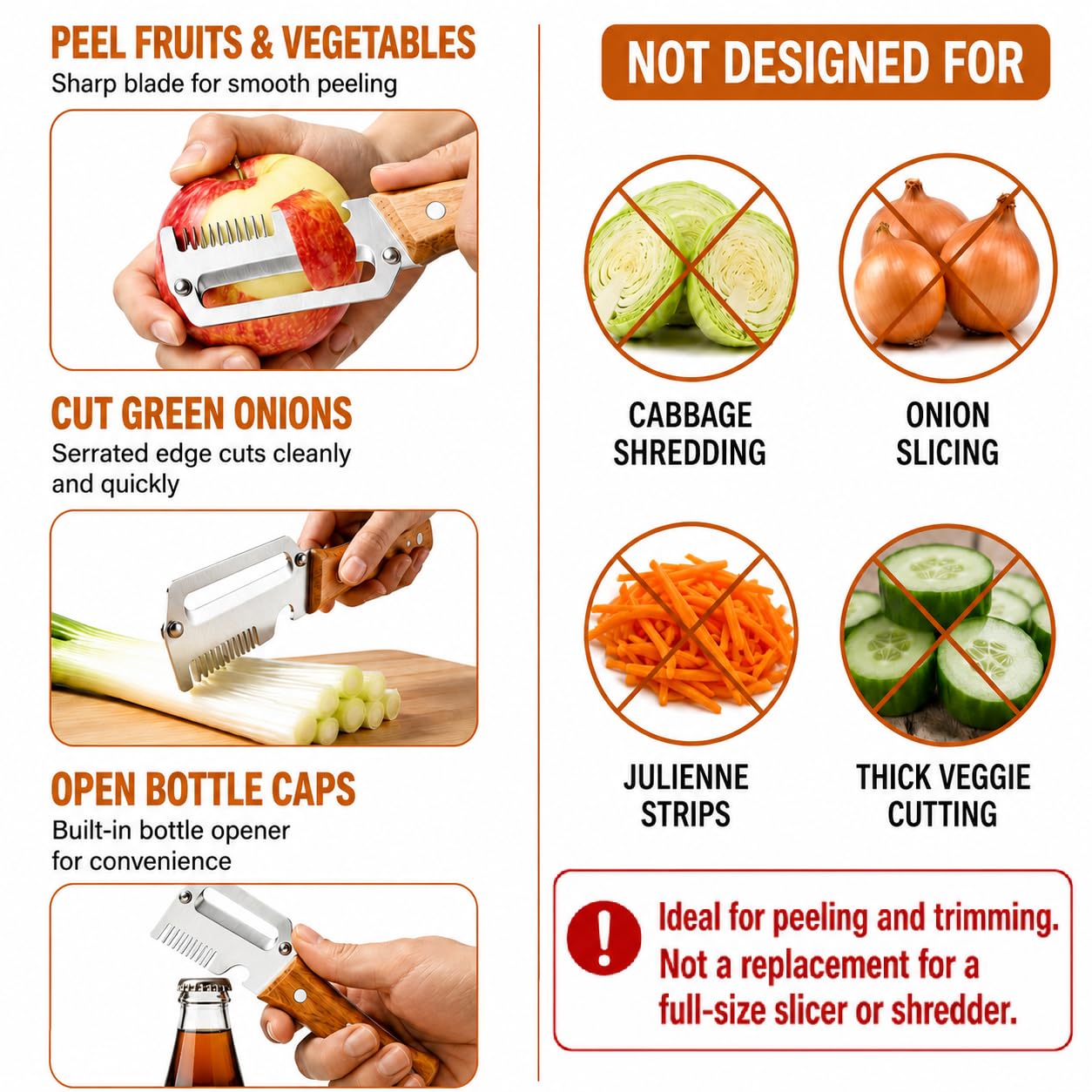 Left & Right Hand Vegetable Peeler Set with Bottle Opener, Thickened Stainless Steel Wide Blade for Smooth Peeling, Wooden Handle Kitchen Peeler for Fruits & Vegetables BST326L