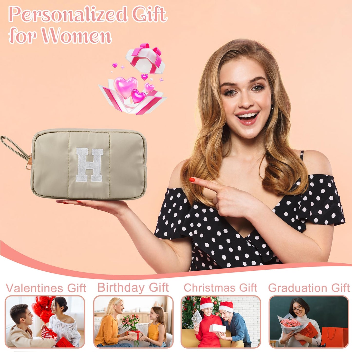 Puffy Makeup Bag for Women,Initial Cosmetic Bag,Cute Travel Toiletry Bag,Puffer Make Up Organizer Bags with Compartments,Personalized Gifts for Girlfriend Bridesmaid Teacher Graduation (Khaki gray, E) BST202