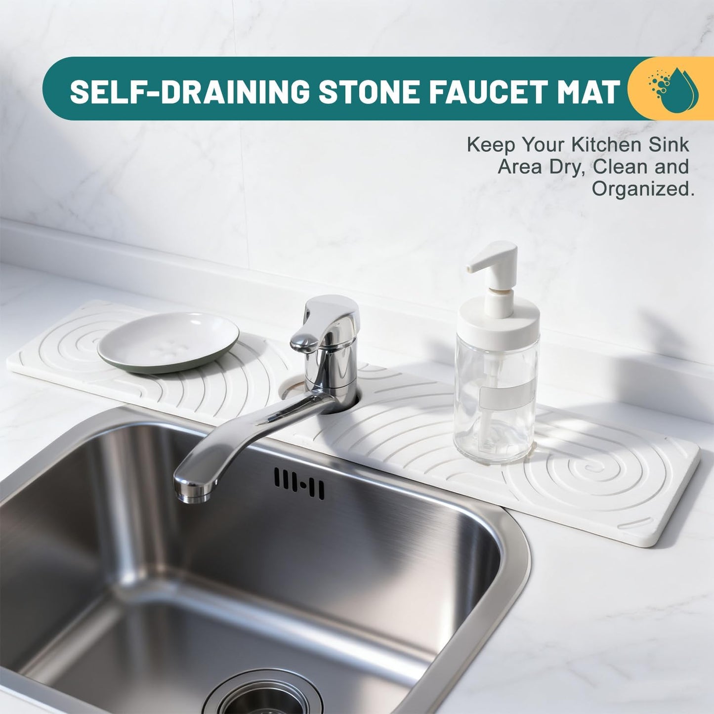 Hopegiver Stone Faucet Mat for Kitchen Sink - Fast Drying Diatomite Sink Protector Prevent Moisture, Super Water Absorbing Stone Tray for Kitchen & Bathroom Counter (White, 15.7"x3.9") BST326H