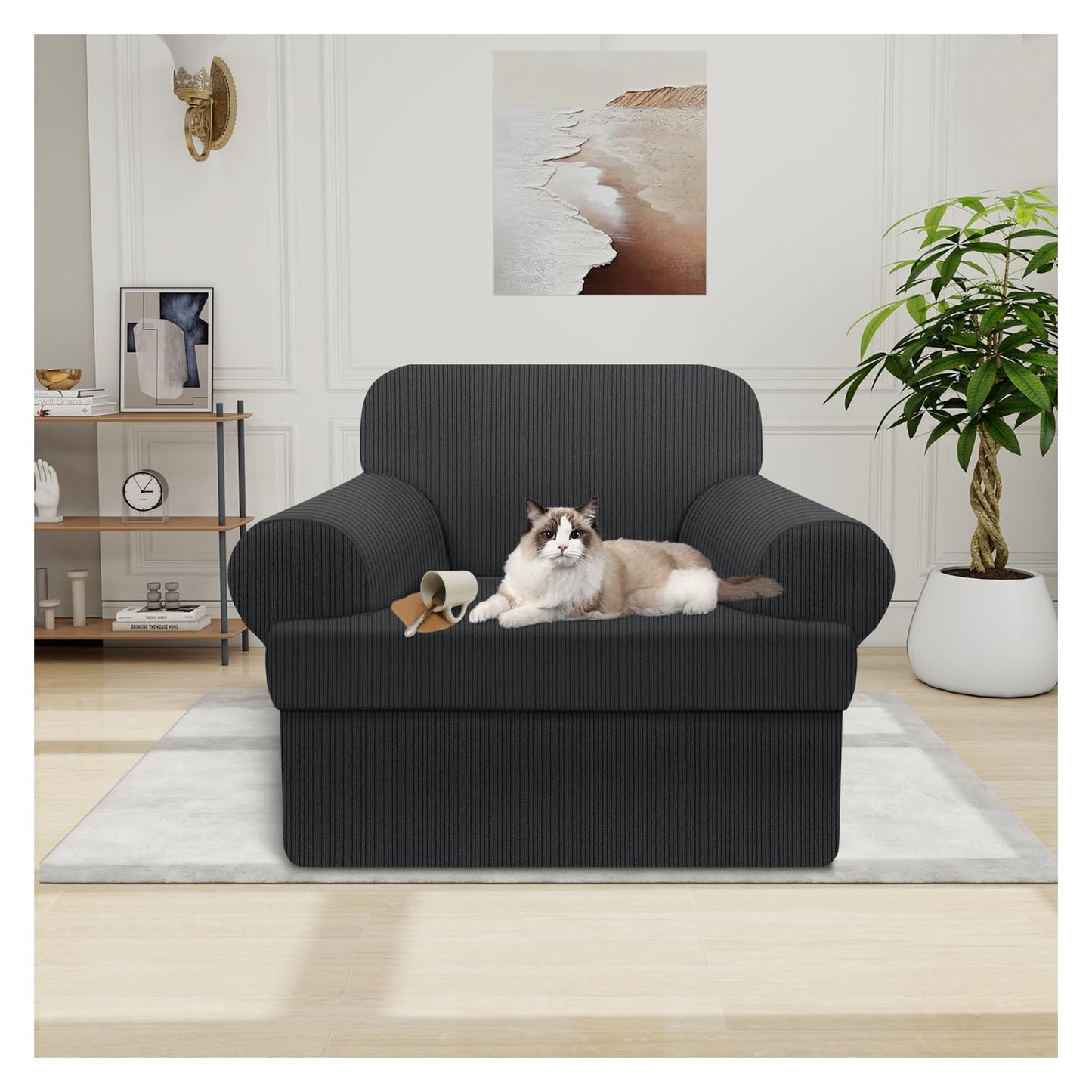 Waterproof Chair Cover with Arms 2-Piece Set Striped Slipcover for 1 Separate T Cushion Couch - TPU Fabric Armchair Covers Leakproof Couch Protector for Kids, Pets(Chair, Beige) BST220