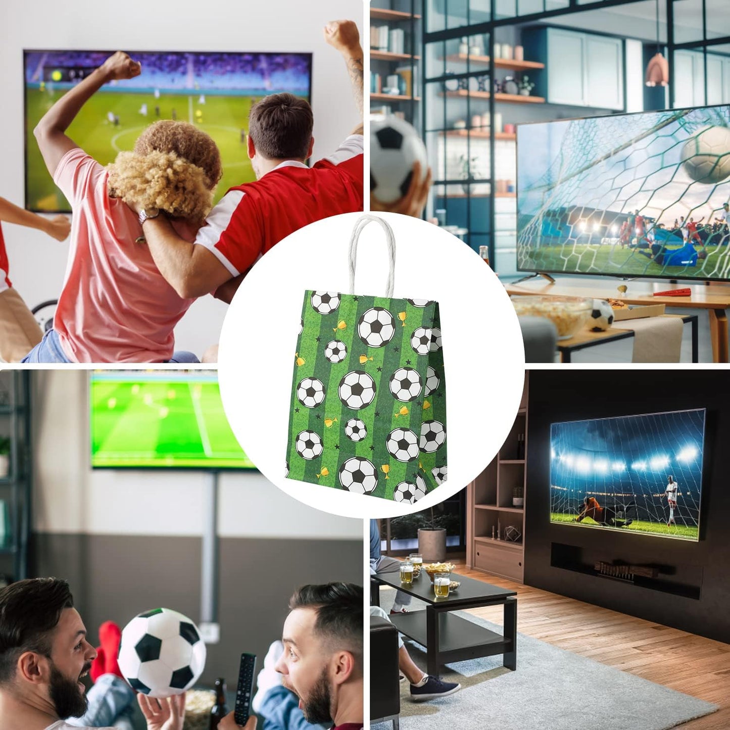 16pcs Soccer Party Favor Paper Bags - Green Football Gift Bags with Handles for Kids & Adults Team Soccer Party Goodie Snacks Treat Supplies WN420