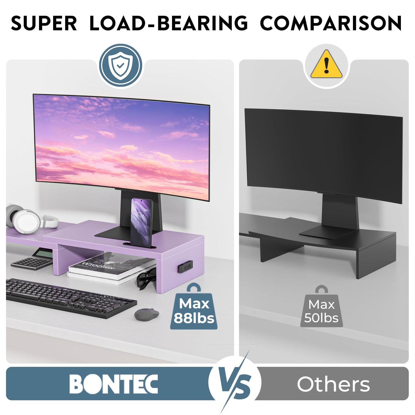 BONTEC Dual Monitor Stand Riser, Adjustable Length & Swivel Angle, Pink | Ergonomic Wooden Desktop Organizer with Smartphone Holder, Computer Monitor Stand for PC, Laptop, Printer and Large Storage BST202