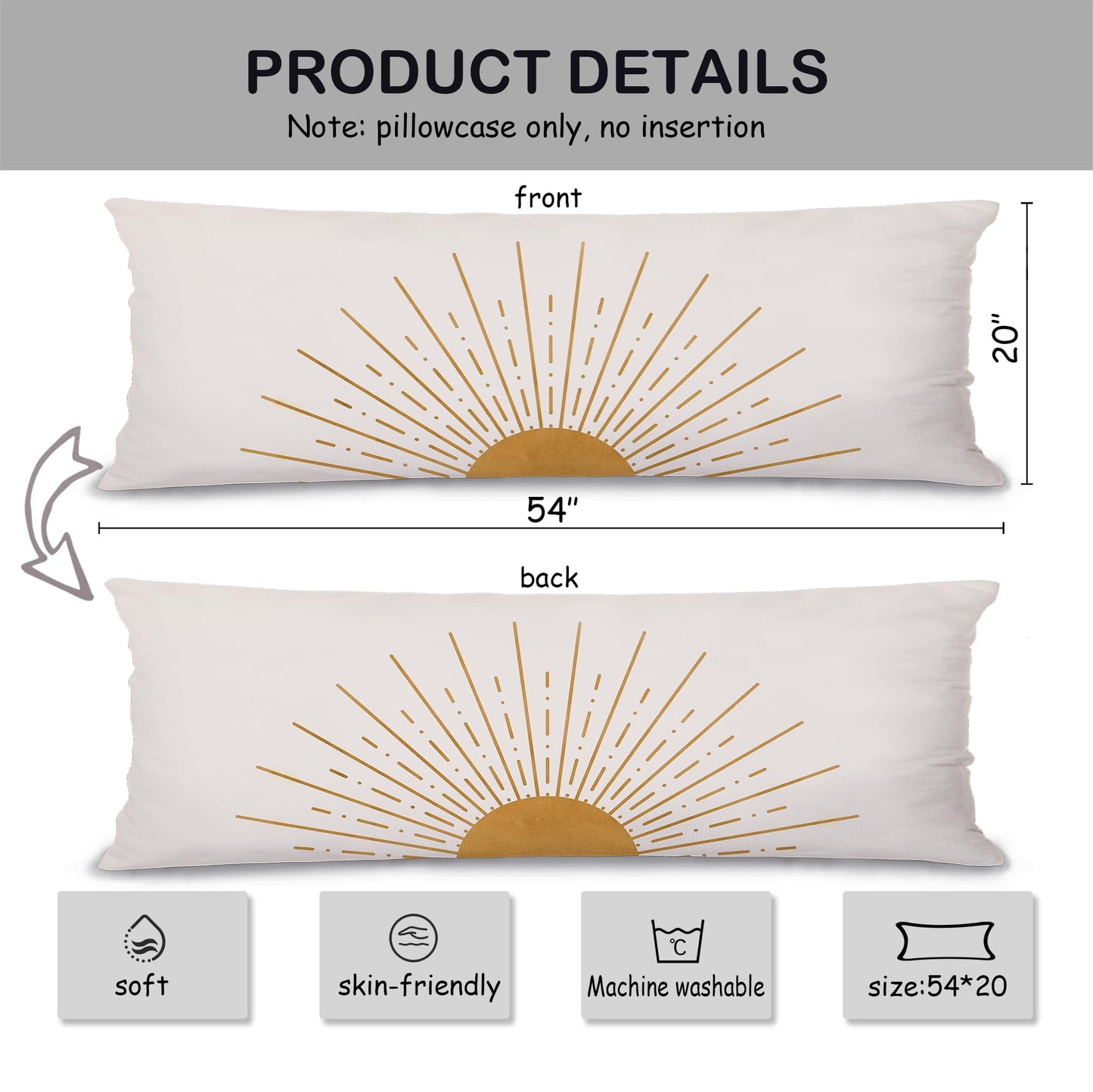 Boho Sun Sunshine 21x54 Body Pillow Cover Case, Modern Neutral Boho Horizontal Sun Sunset Sunrise Decorative Long Hug Pillow Cases for Bed Couch BST220