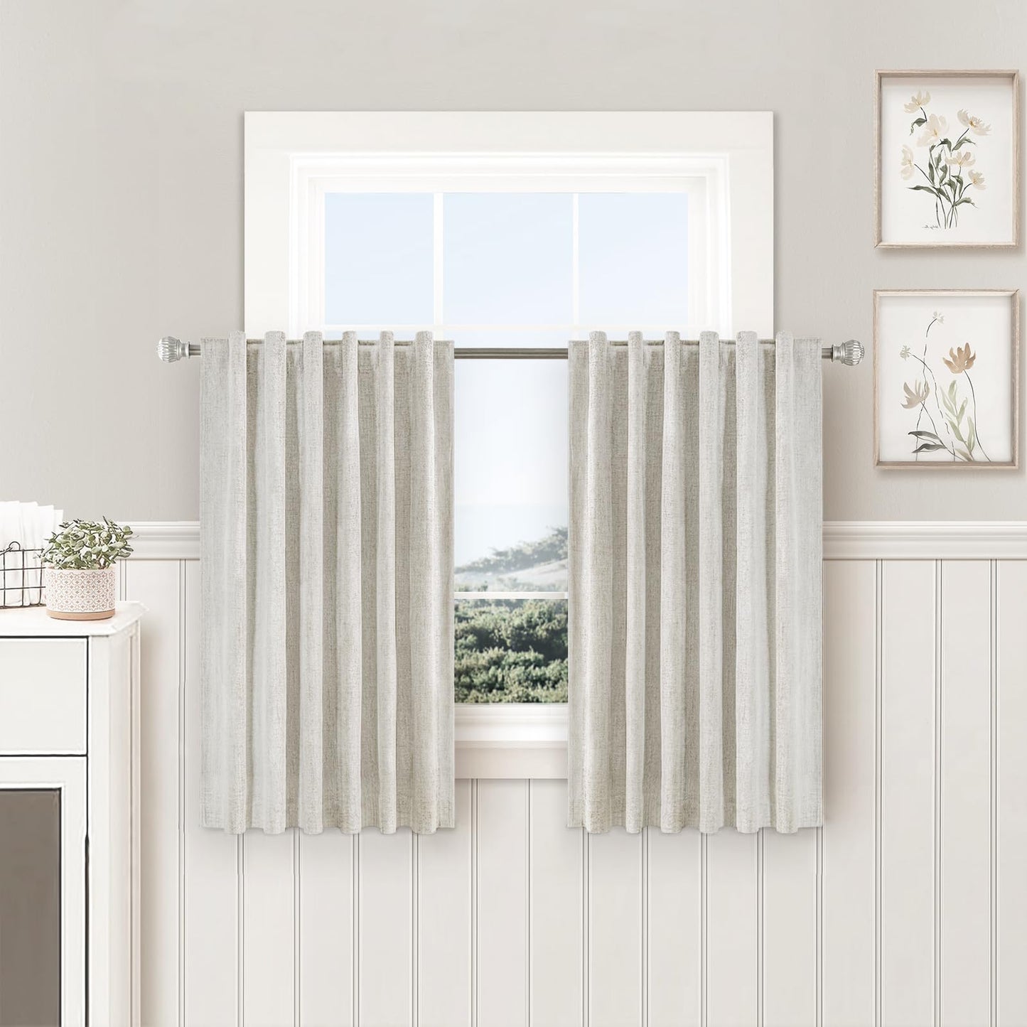PANGSINNE Short Curtains for Windows Bathroom, 100% Blackout Linen Boho Back Tab Pleated Cafe Curtains for Kitchen Bedroom, 54 Inch Length 2 Panels Set, Dusty Blue BST326H