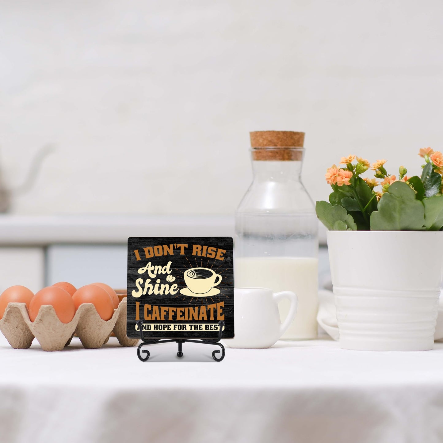 Coffee Bar Decor, Farmhouse Kitchen Table Decor, Coffee Station Accessories, Wooden Decorative Sign with Iron Stand for Table Desk Shelf Display-E21 BST220