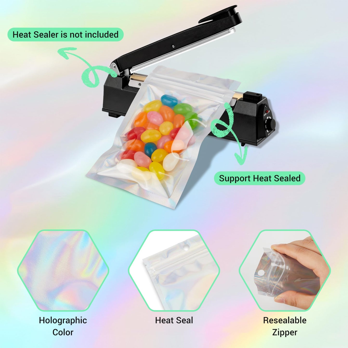 Holographic Mylar bags -100Pcs Self-Seal Resealable Zip Baggies with Clear Window, Smell Proof Laser Iridescent White 3x4.7 inch for Small Business Samples, Party favors,Snacks,Jewelry BST326L