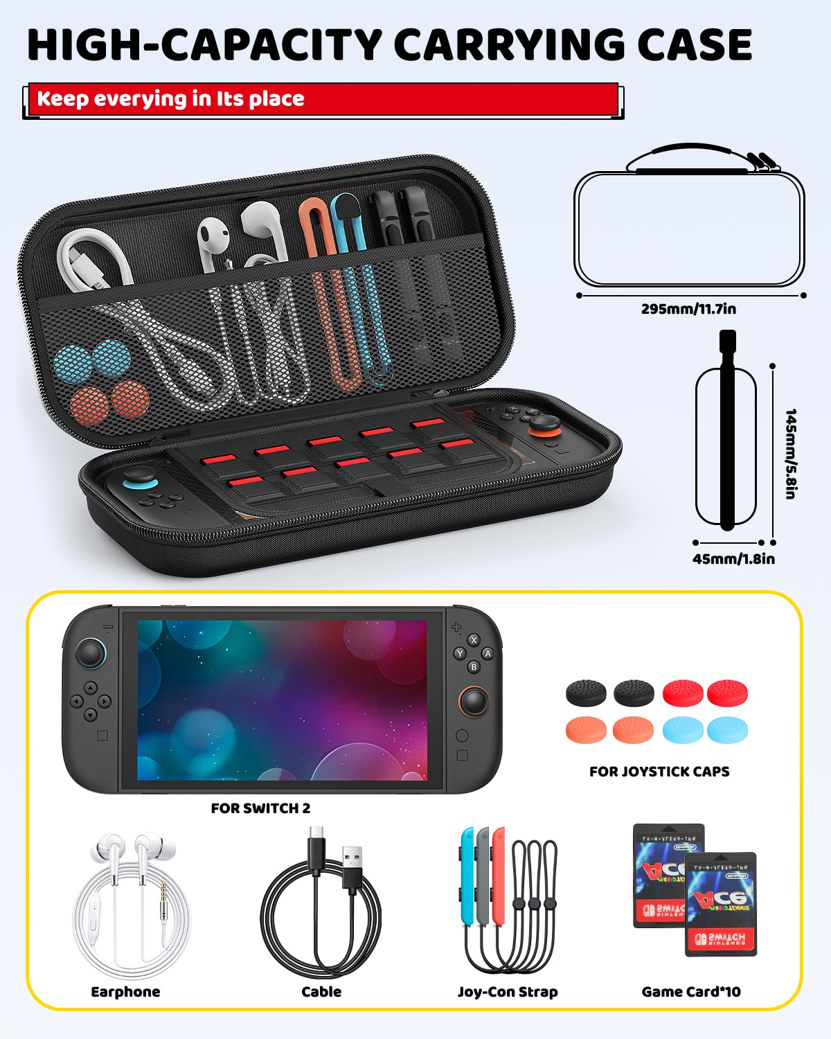 Klipdasse Switch 2 Carry Case for Nintendo Switch 2/1/OLED, Hard Shell with Soft Lining, 10 Game Card Slots, Silicone Handle, for Switch 2 Slim Case 2025 (Blue) WN420