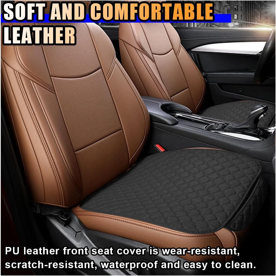 Car Seat Cover, Comfortable Linen Automotive Front Seats Protective Mat pad, Anti-Slip Vehicle Bottom Seats Cushion with Storage Pocket, Universal Auto Interior Accessories for Sedan SUV (Black, 2PCS) WN420