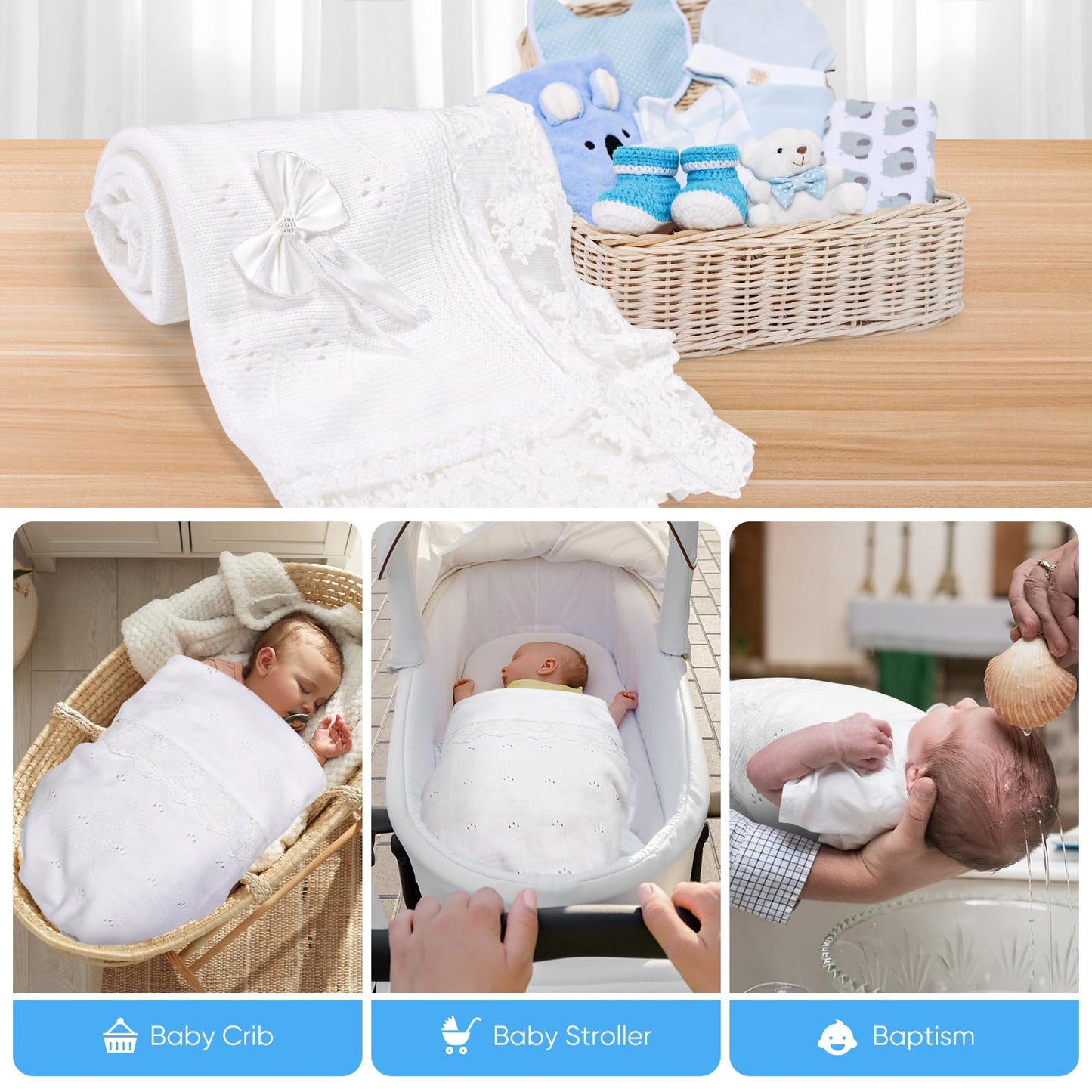 Baby Blanket White Baptism Gifts for Girl Boys First Communion Christening Christian Gifts for Kids White Soft Crochet Knitted Towel BST326H
