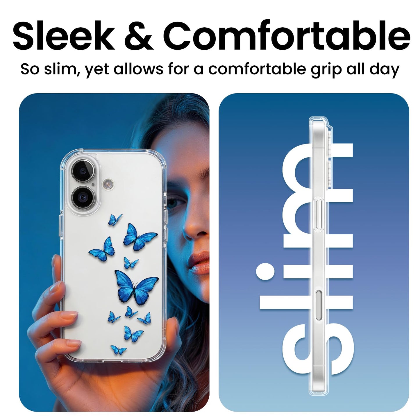 Cute Girly Crystal Clear Case Compatible with iPhone 16 Pro, Camera Control & Shockproof Protection Floral Case for Women, Blue Butterflies WN420