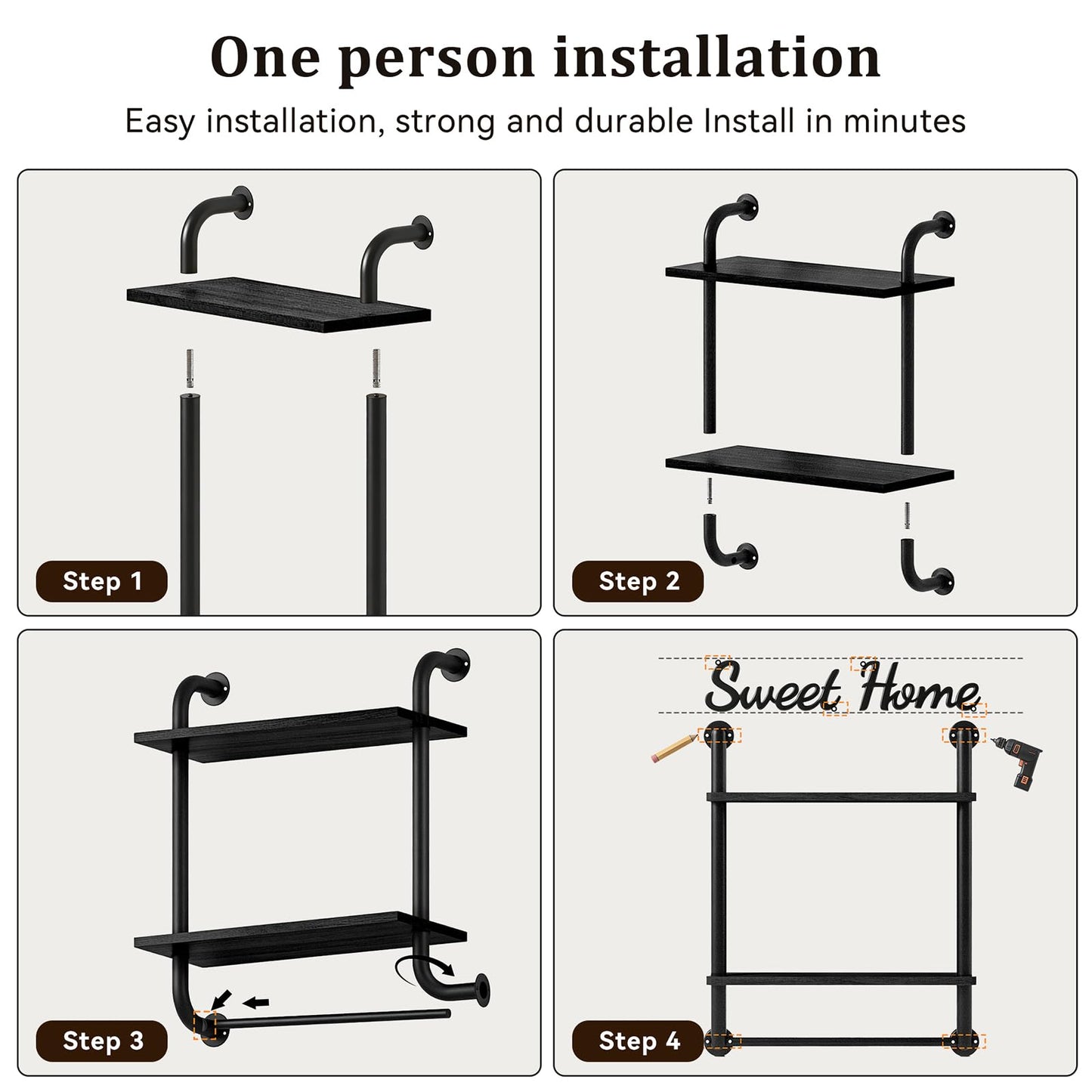 Tinpin Bathroom Shelves Wall Mounted, Rustic Farmhouse Pipe Shelves, Walls Shelf 3-Tier, Industrial Pipe Shelving, Floating Shelf Wall Decor for Bathroom, Kitchen, Bedroom, Living Room 17.3in Black DD1210
