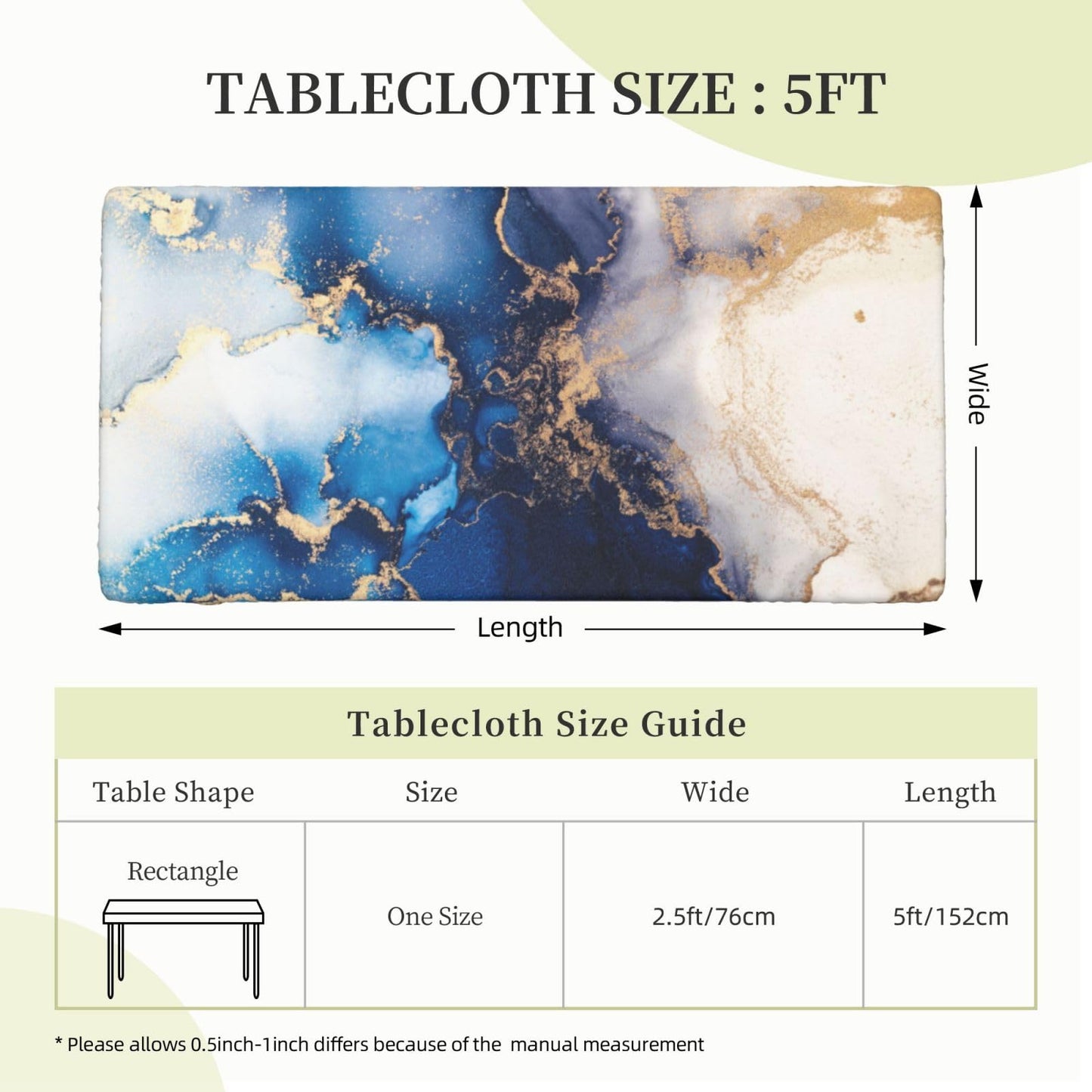 Blue Marble Rectangle Tablecloth with Elastic Edge, 5FT Table Cloths Washable Reusable Rectangular Table Cover for Kitchen Dining Party, 60" L X 30" W BST202