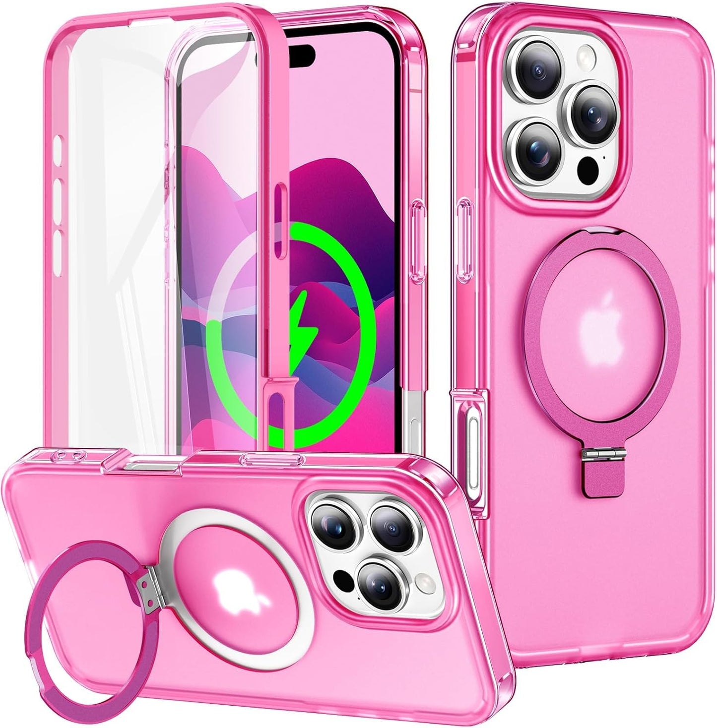for iPhone 13 Pro Full Body Shockproof Case with Magnetic Invisible Stand [Compatible with MagSafe] Built-in Screen Protector Military Drop ProtectionTranslucent Phone Cover -Hot Pink WN420