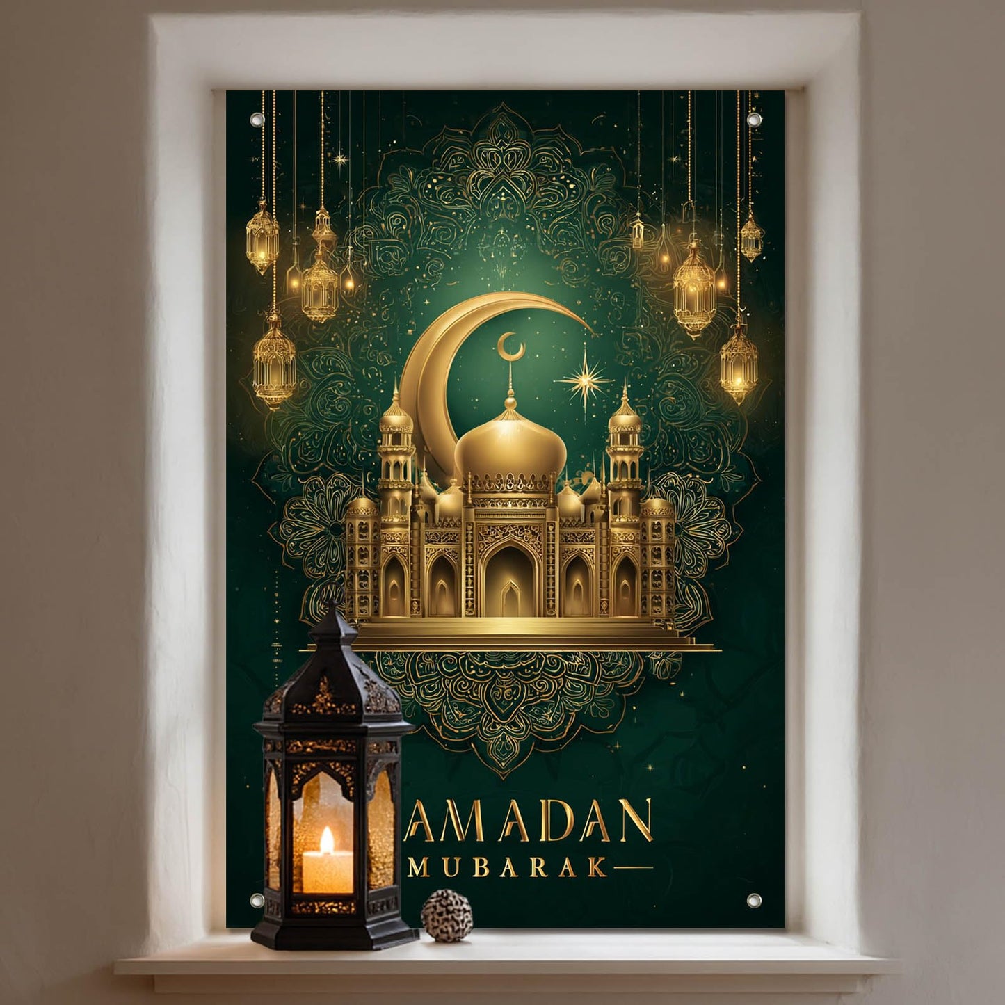 HOMETITUTE Eid Ramadan Window Banner Holiday Curtain Backdrop 31x47 Fabric | Mubarak Cover Festival Screen Windows Banner Hanging Living Room Bedroom Home Crescent Moon Star Pattern Design BST326H