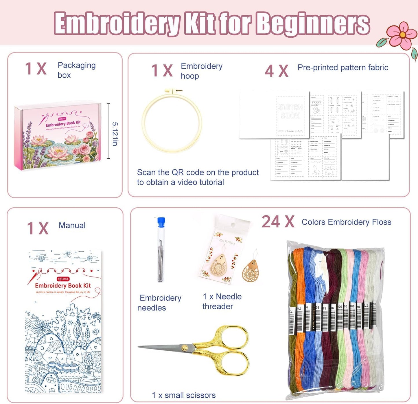 spicssa Beginner Embroidery Stitch Book Kit, 79 Stitches, Video Tutorials | Pre-printed linen panels to stitch and sew into a keepsake book, threads, needles, scissors, hoop and threader BST202