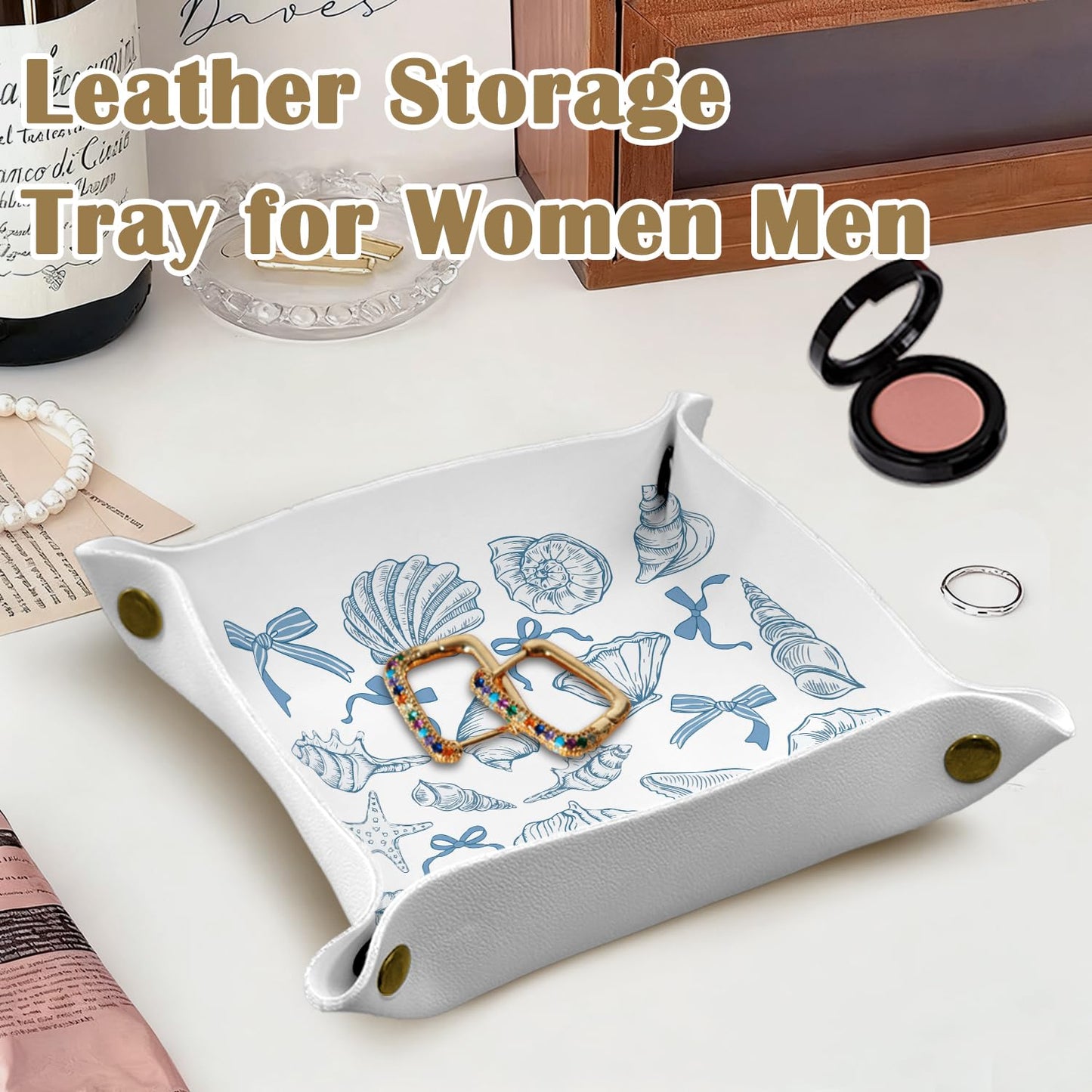 Marble Jewelry Valet Tray for Women Men, Black and Gold Marble PU Leather Catchall Beside Caddy Nightstand Organizer Tray for Jewelry Rings Watches Keys and Accessories, 7.87x7.87in BST220