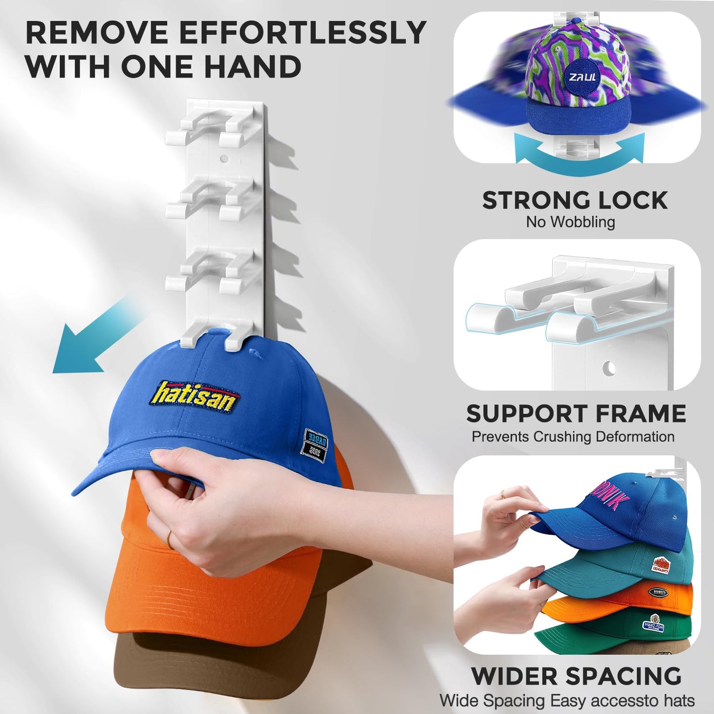 Hat Hook for Wall, 2 Pack Hat Organizer Hold up to 20 Hats,Hat Holder with Strong Adhesive and 8 Pack Screws, Cap Holder Hat Hangers for Wall Closet Door and Bedroom(B-Black) BST220