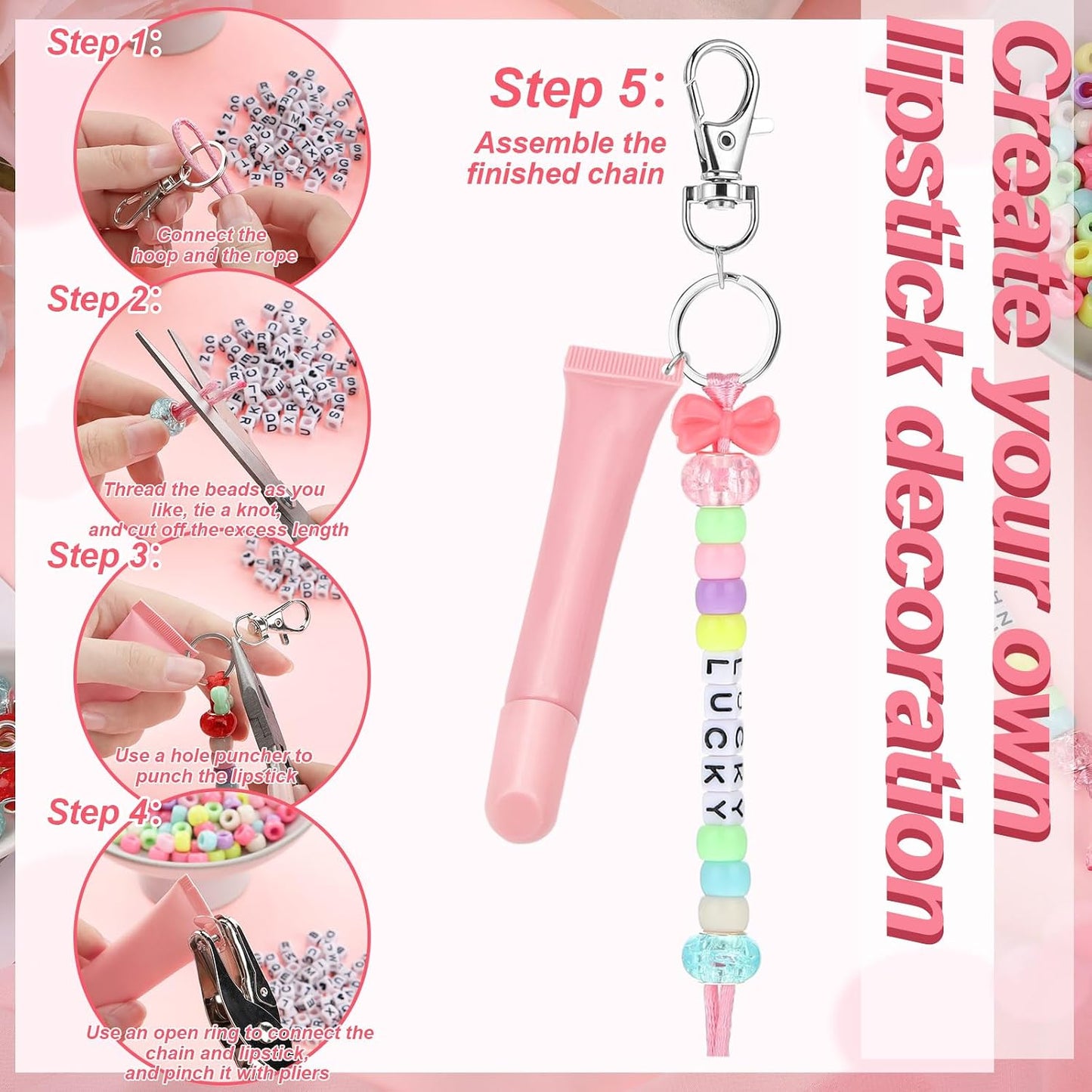 Nosiny 677 Pcs Lip Gloss keychain Making Kit Adjustable Letter Beads String Alphabet Bead Personalized Jewelry Key Ring Portable Holder Charm for DIY Lip Balm Crafts Women Party Accessories BST202
