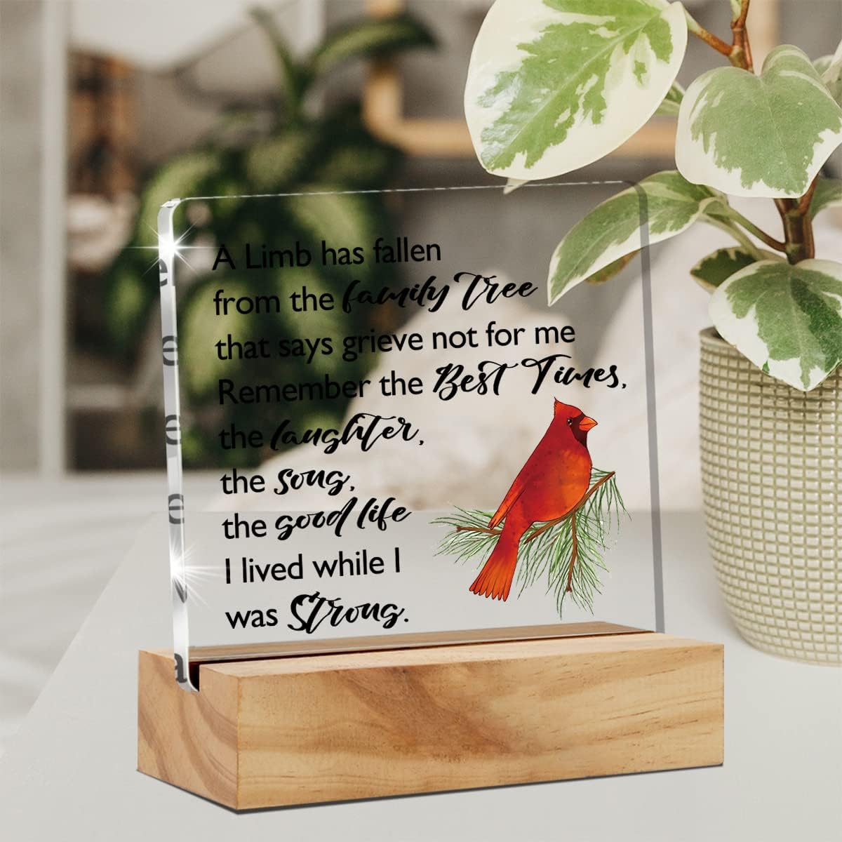 Acrylic Sympathy Gift for Loss of Loved One Desk Decor Red Cardinal Memorial Bereavement Gifts Decorative Clear Acrylic Desk Plaque Sign with Wood Stand for Home Office WN420