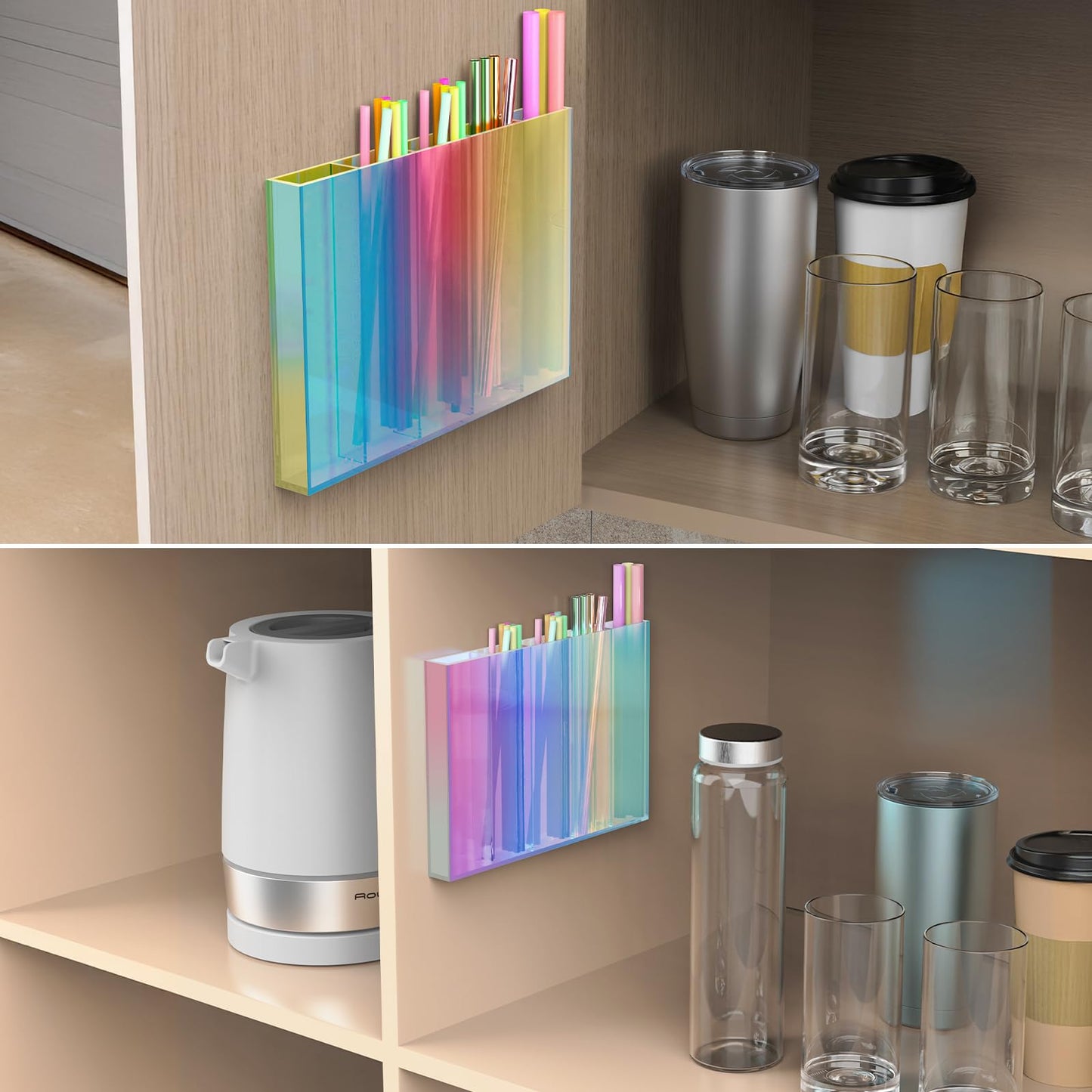 NiHome 10” Large Clear Acrylic Straw Holder for Cabinet Door – Fully Enclosed Straw Organizer for Cabinet Doors or Countertops, Ultra Sticky Mount, Space-Saving Kitchen Accessories Container BST326H