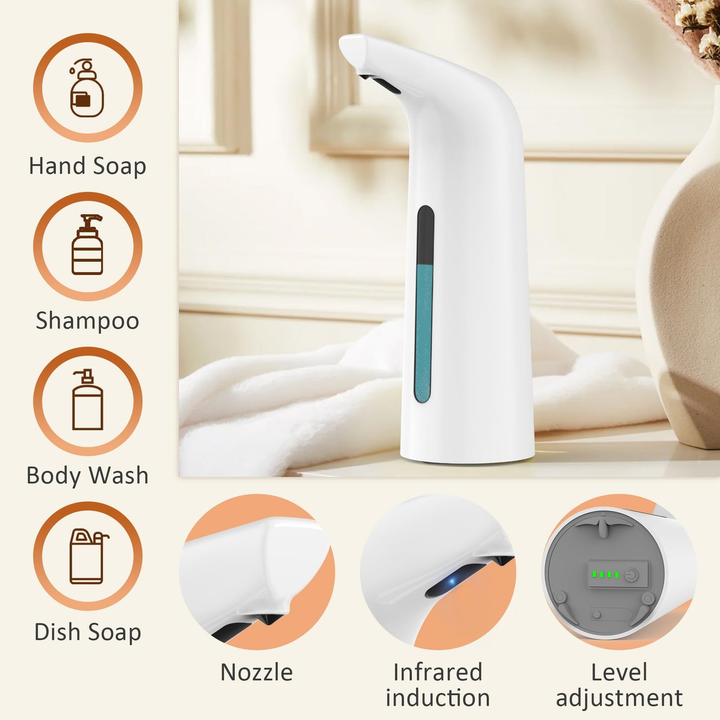 Automatic Soap Dispenser Touchless,400ML Hand & Dish Countertop Electric Liquid Dispenser with Sensor,Modern 4 Gear Adjustable Black Waterproof Battery Operated Kitchen Auto Soap Pump WN420