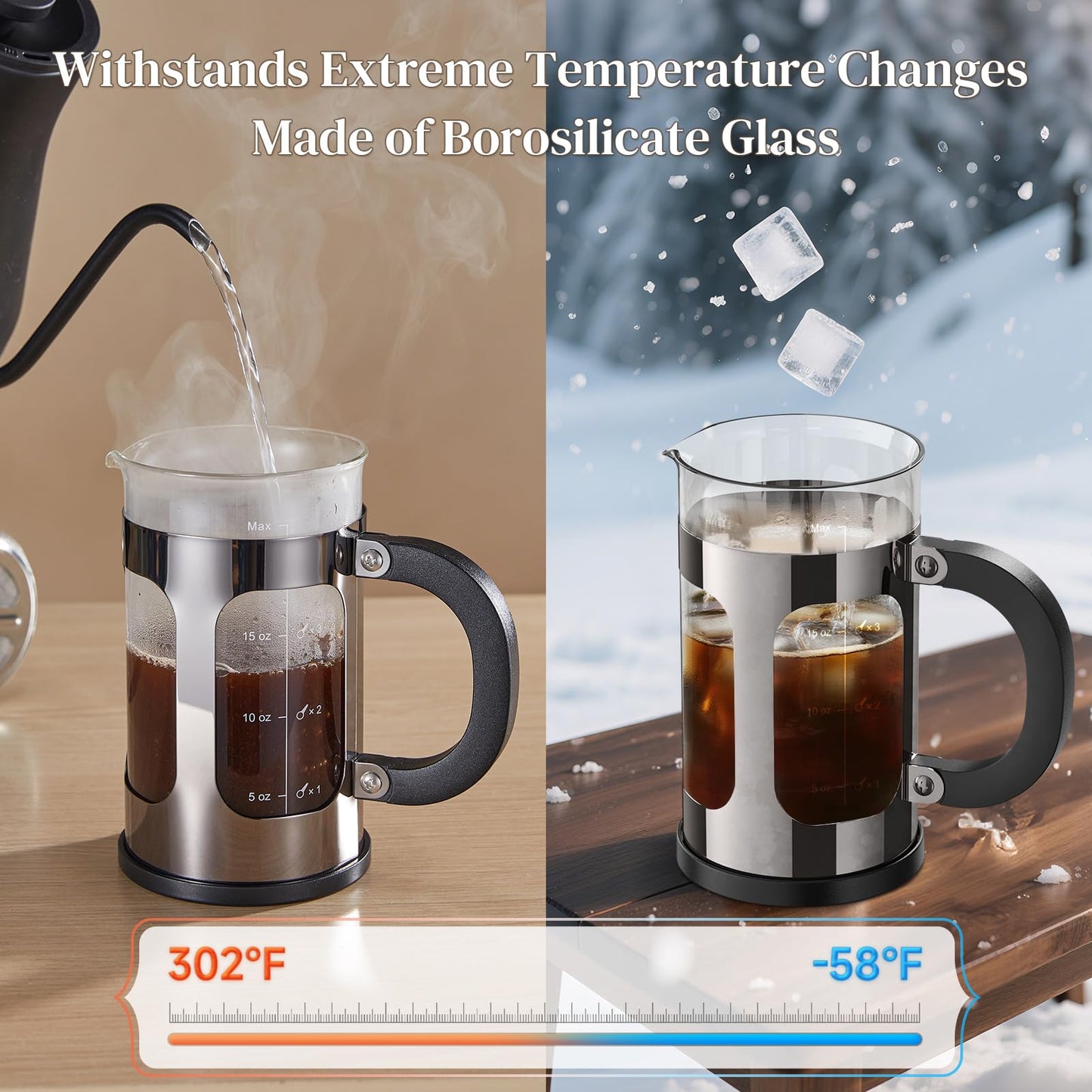 Veken French Press Coffee Maker 34oz, No Plastic Touching Cafe,Thickened Glass Stainless Steel Brewer, Cold Brew Cafetera Tea pot for Kitchen Travel Camping, Gifts, Decor, Bar Accessories, Dark Pewter