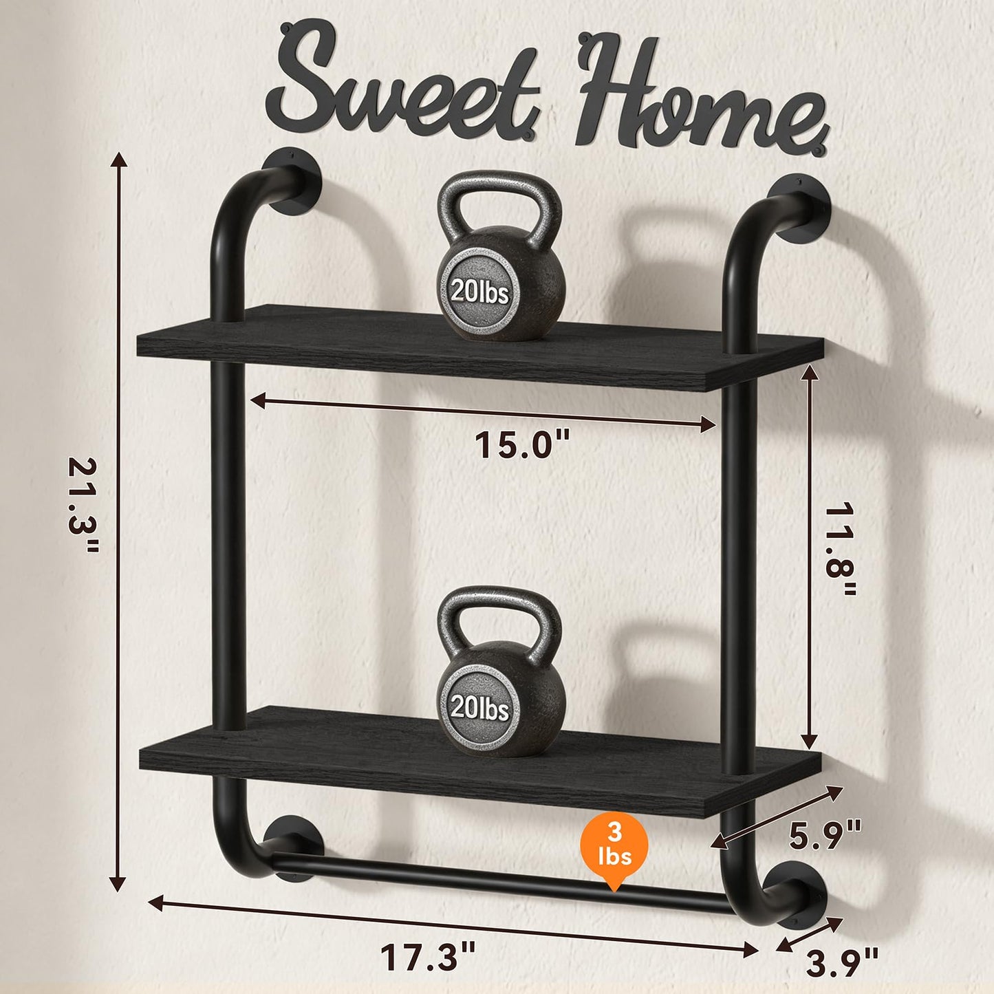 Tinpin Bathroom Shelves Wall Mounted, Rustic Farmhouse Pipe Shelves, Walls Shelf 3-Tier, Industrial Pipe Shelving, Floating Shelf Wall Decor for Bathroom, Kitchen, Bedroom, Living Room 17.3in Black DD1210