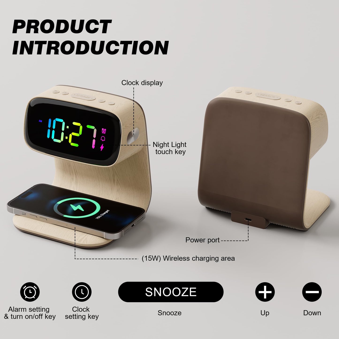 Digital Alarm Clock with Wireless Fast Charging Station 15W Touch Smart Lamp for Bedside,3 Colors Nightlight Adjustment Night Lamp for Living Room,Bedside,Heavy Sleepers (Woodgrain+Cable&Adapter) BST220