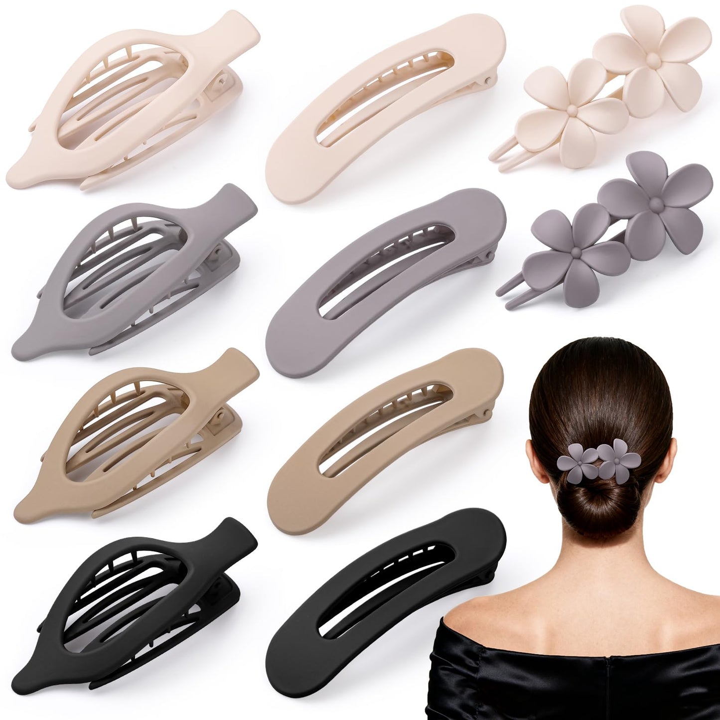 8 Pcs Flat Hair Clips for Women, 2 Styles Large Flat Claw Clips for Women, Strong Hold Non-slip French Hair Clips for Thick Thin Hair, Neutral Color WN420