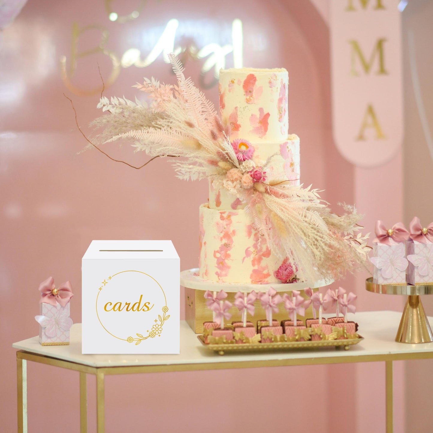 1 Pack White and Gold Wedding Card Box for Party Graduation Bridal Baby Shower Retirement Decorations Cardboard Birthday Card Holder Raffle Ballot Voting Box with Slot 7.8 x 7.8 x 7.8 In BST220