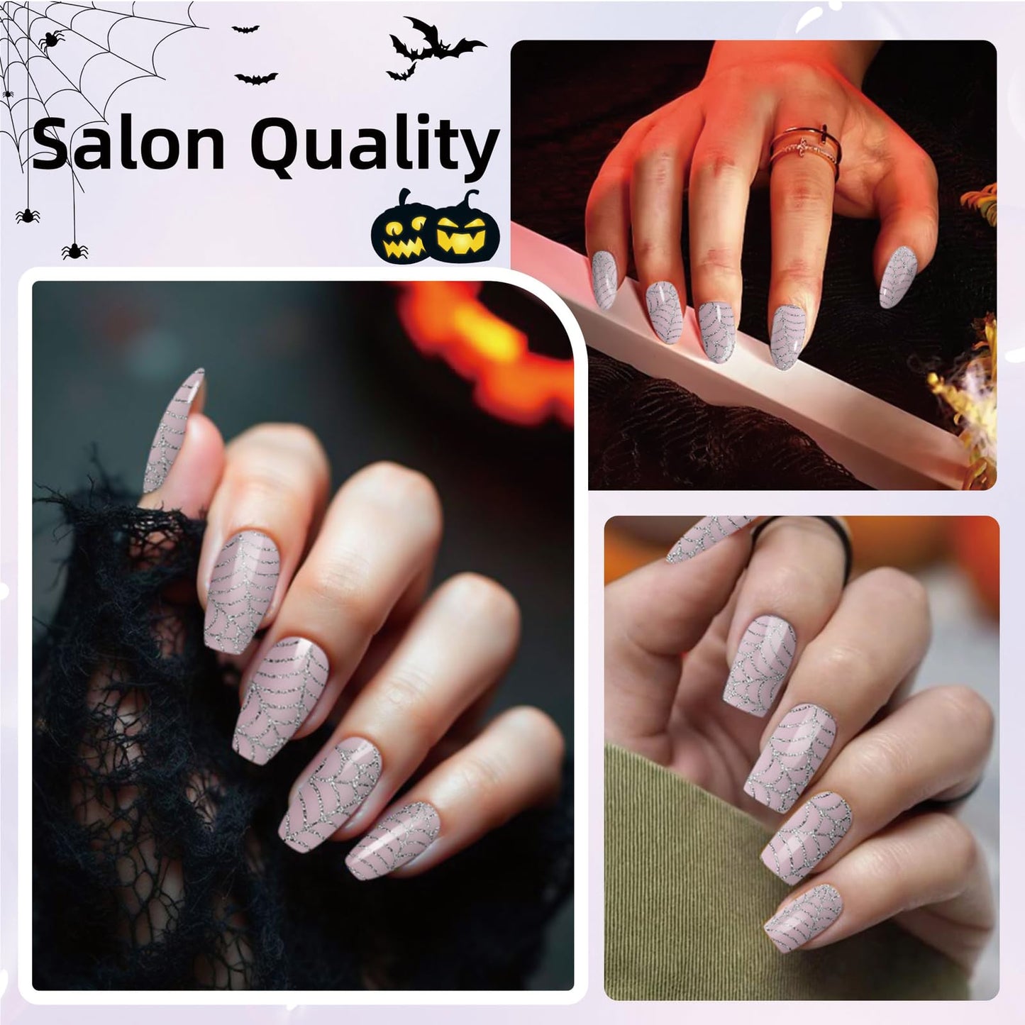 Semi Cured Gel Nail Strips, 56Pcs Nail Art Stickers/Wraps, Long Lasting UV Nail Polish Strips for Adults (Silver Rhinestones+French Tip Glitter) BST220