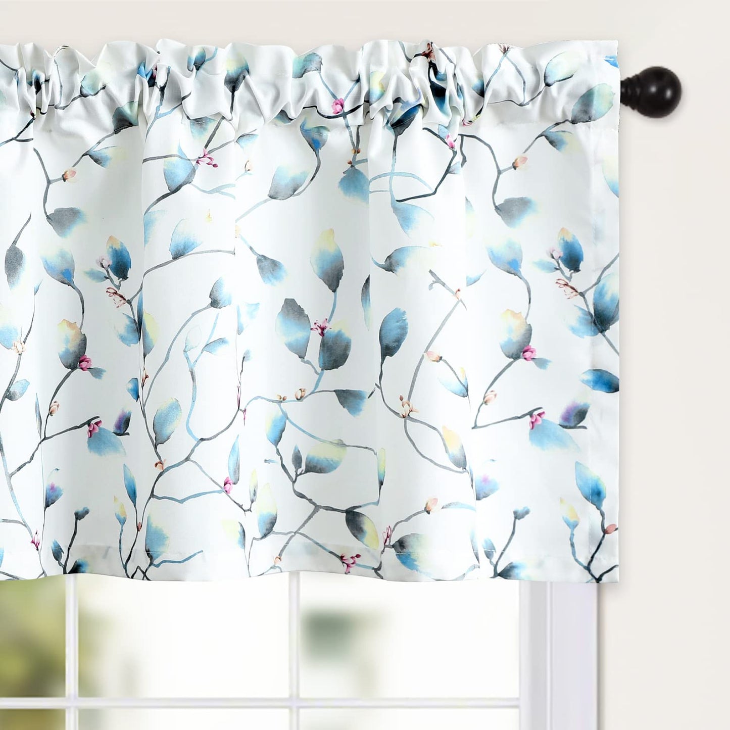 Leeva Farmhouse Kitchen Valances for Windows, Watercolor Blossoming Floral Print Curtains, Soft Faux Linen Curtain Toppers and Valances for Bedroom, 60 x 14 Inch, Brown & Grey, 1 Panel BST220
