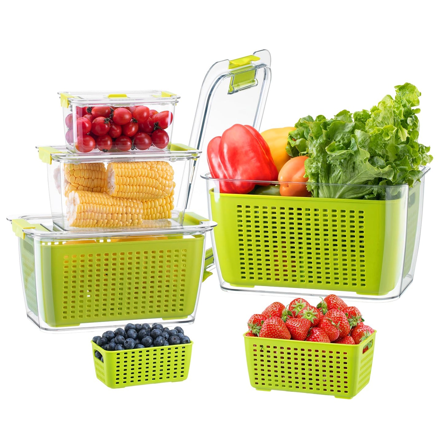 LUXEAR 4 Pack Fruit Vegetable Containers for Fridge, Produce Saver Container with Lids &Removable Colander BPA-free Refrigerator Storage Organizer for Fruit Vegetable, Berry, Meat keep Fresh Longer DD1210