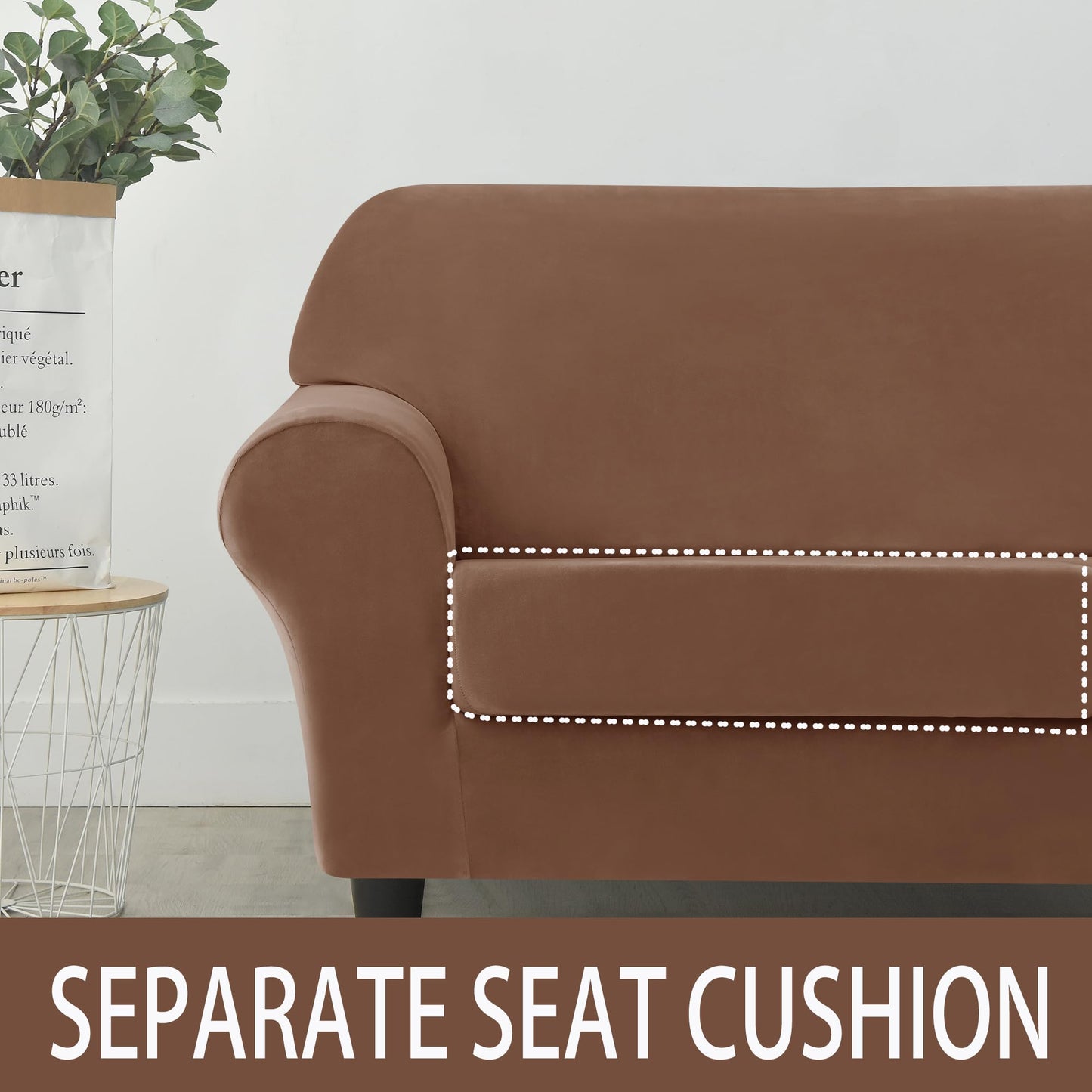 Velvet Loveseat Couch Covers for 2 Cushion Couch Sofa - High Stretch 3 Pieces Washable Furniture Protector with Elastic Bottom for Kids,Pets (Brown, Armchair (1 Cushion)) WN420