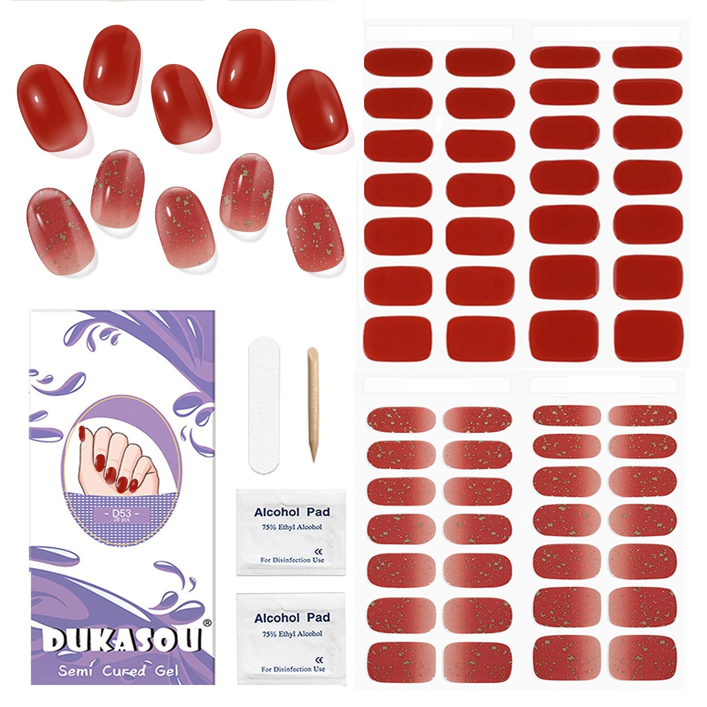 Semi Cured Gel Nail Strips, 56Pcs Nail Art Stickers/Wraps, Long Lasting UV Nail Polish Strips for Adults (Silver Rhinestones+French Tip Glitter) BST220
