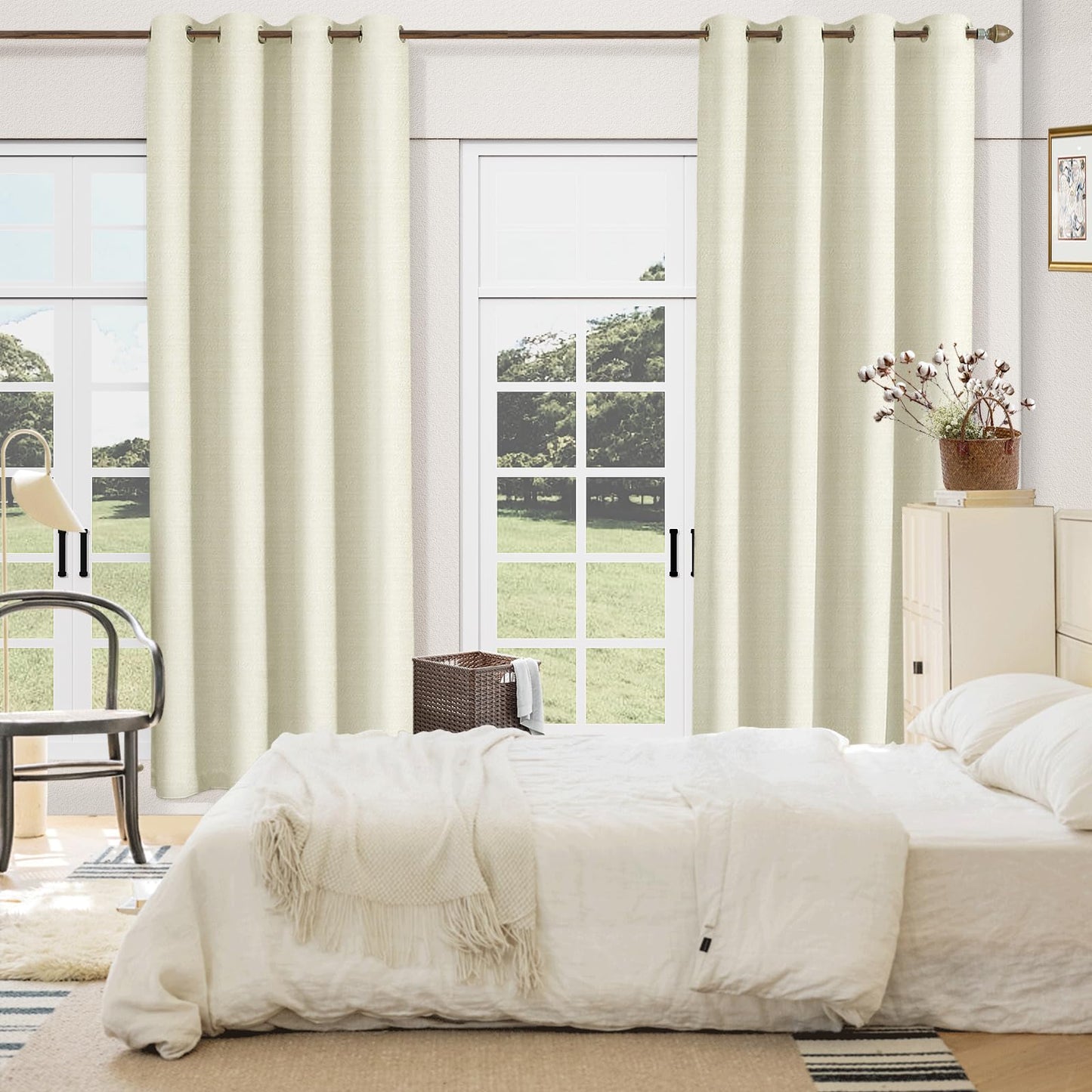 Beige Blackout Chenille Curtains 52x90 Inch - Thermal Insulated Room Darkening Drapes with Grommet, Ultra Soft Wrinkle Resistant Noise Reducing Window Treatments for Bedroom Living Room, 2 Panels Set BST202