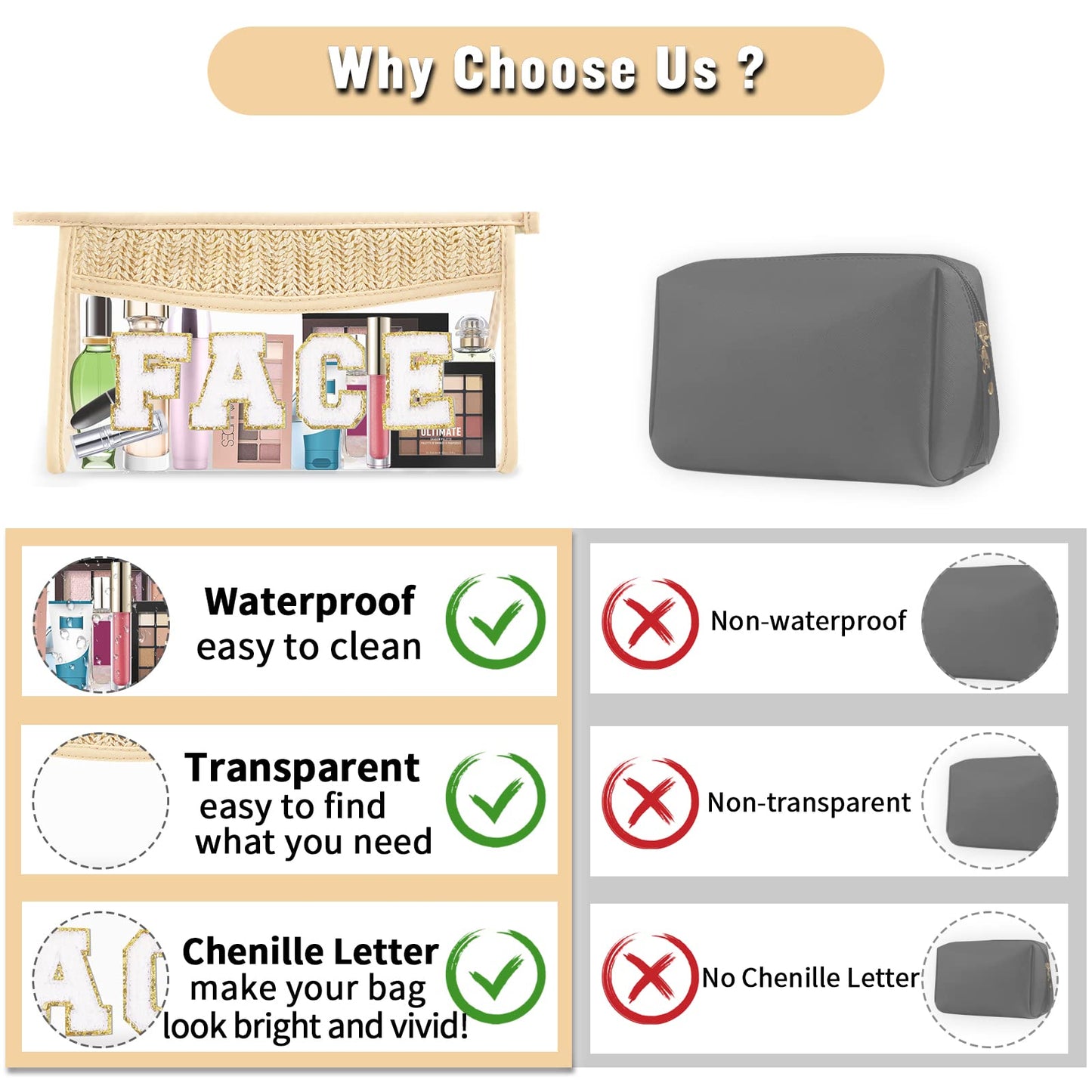Boho Clear Makeup Bag Cosmetic Zipper Pouch Purse, Clear Toiletry Bags Travel Small Preppy Cute DIY Chenille Letter Bag, Transparent PVC Waterproof Clutch Make Up Organizer Storage Bag for Women Girls BST220