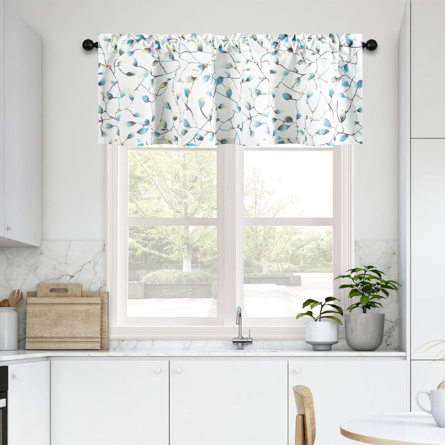 Leeva Farmhouse Kitchen Valances for Windows, Watercolor Blossoming Floral Print Curtains, Soft Faux Linen Curtain Toppers and Valances for Bedroom, 60 x 14 Inch, Brown & Grey, 1 Panel BST220