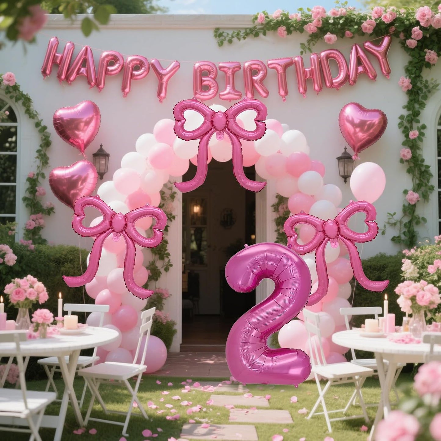 Pink Happy Birthday Balloons Banner, Giant Pink Bow Foil Balloons Number 2 Balloon Party Decor for Girls 2nd Birthday BST220