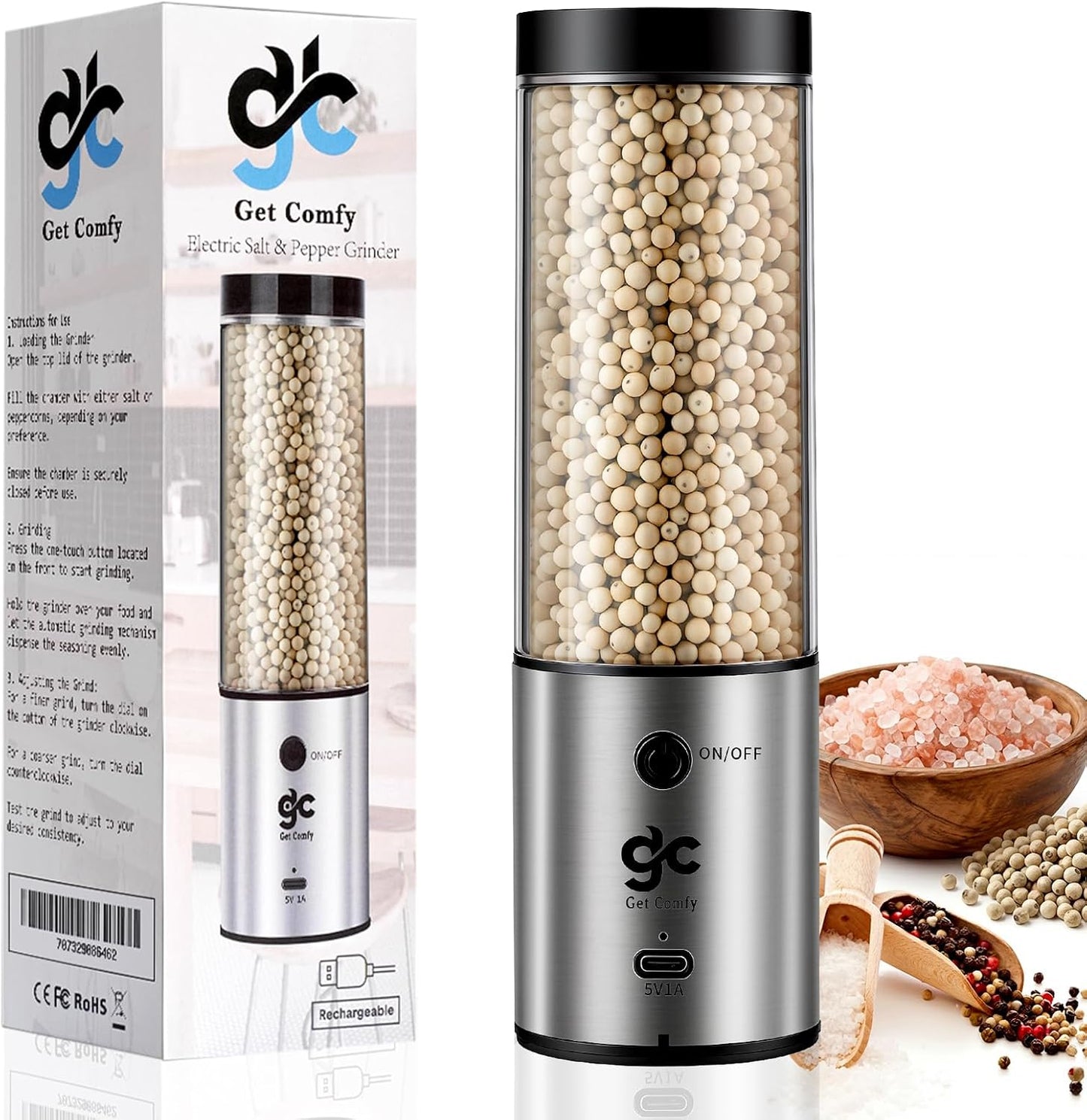 Electric Salt & Pepper Grinder Set One-Handed Automatic Pepper Mill with LED Light Adjustable Coarseness Large-Capacity Refillable Mill Durable Ceramic Core Battery Powered Seasoning Grinder for Home BST202